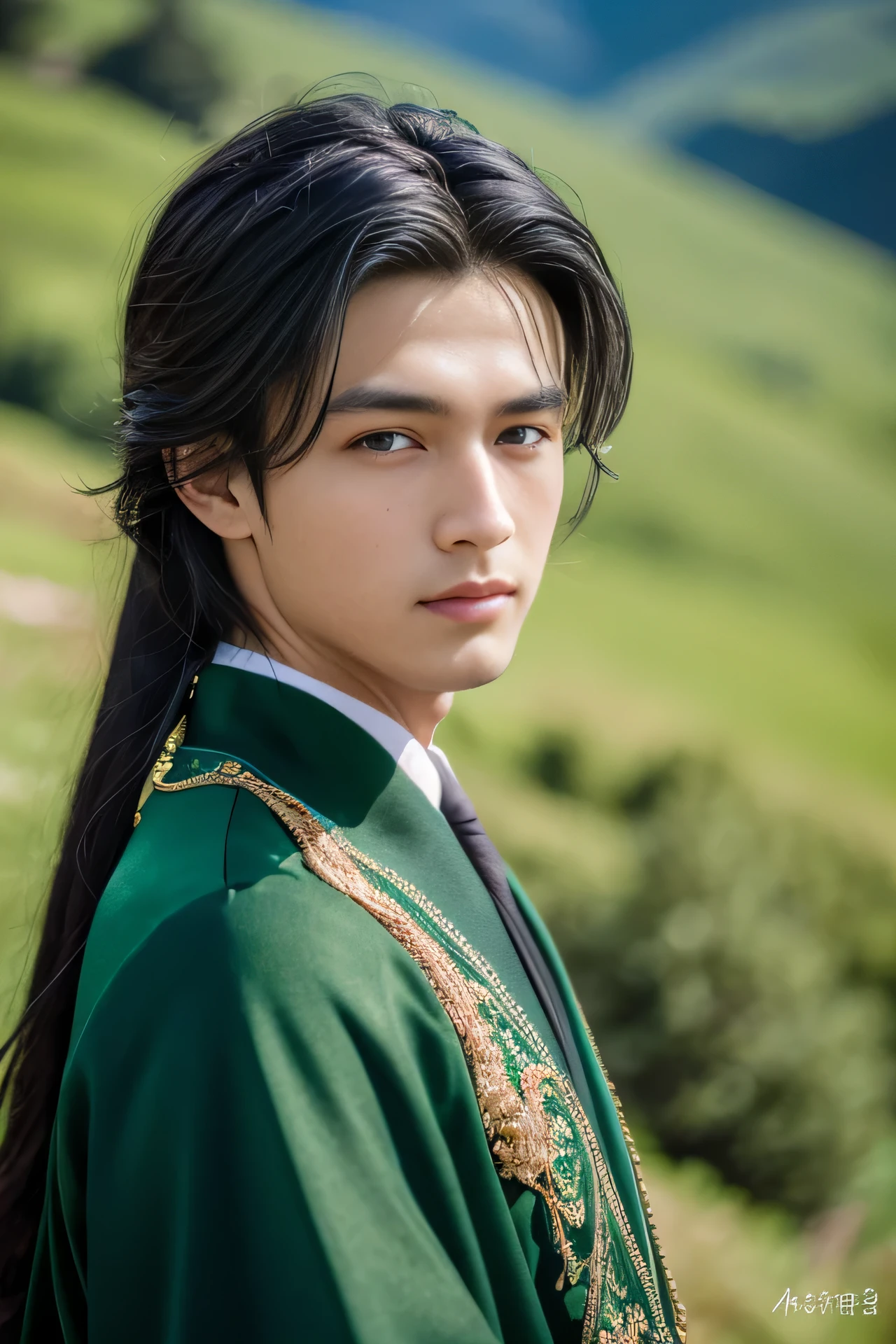 Best quality, masterpiece, ultra high res, (photorealistic:1.4), detailed face, detailed eyes, raw photo, young handsome male, black hair, (full body), view from top, (mountain background:1.2), perfect hands, perfect eyes, long black hair, wearing emerald green long chinese clothes, dark green long robe, messy long hair, (((male)))