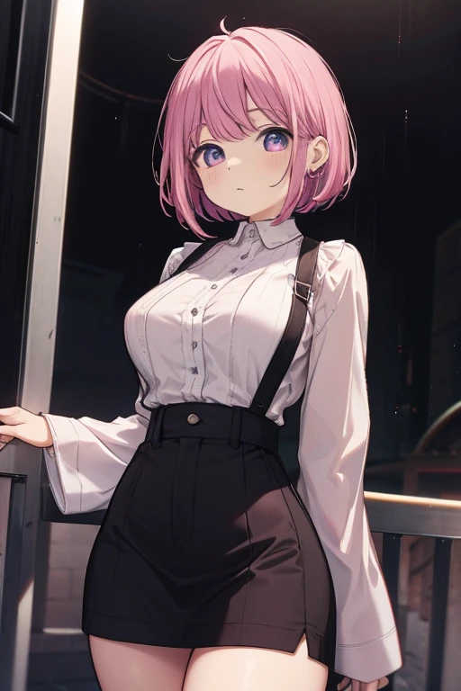 a pink haired female reaper with violet eyes with an hourglass figure with short hair is reaping souls on a rainy day
