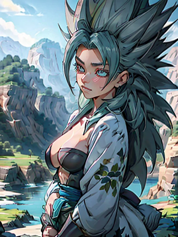 ultra-detailed, Caulifla, painted around the eyes, mountain scenery, ethereal lighting, mystical atmosphere, vibrant colors, stunning landscape, majestic mountains, abundant greenery, tranquil atmosphere, morning mist, soft sunlight filtering through the trees, cool breeze, serene lake, crystal clear water reflecting the vibrant colors of the surroundings, elevated viewpoint overlooking the vast wilderness, stunning rock formations, secluded paths leading to hidden wonders, gentle hillside adorned with vibrant flowers, delicate petals swaying in the wind , lush meadows carpeted with wildflowers, distant waterfall cascading in a mesmerizing display of power and beauty, shimmering under ethereal lighting, magical realm that merges with the natural world, whispers of ancient legends carried on the breeze, melodic sounds of nature filling the air, creating a mystical atmosphere that captivates the senses.