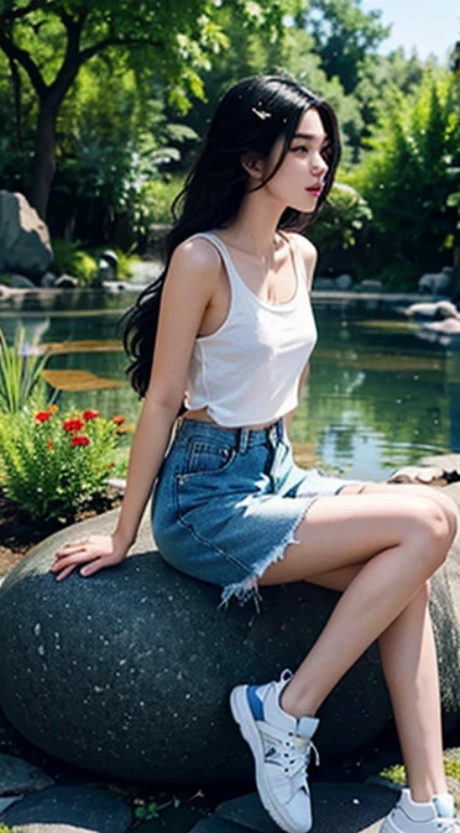 
Create a digital art piece featuring a beautiful asian girl with long black rainbow hair with fashionably wear a white tank-top, short jeans, and sneakers, seated a top of a stone. The background is a stylized 3D transparent tiktok profile page made of glass with username "your name" and profile picture matching with the character. the character were suround by botanical elements including flowers and a small pond with some butterflies. the overall design is minimalist and aesthetic