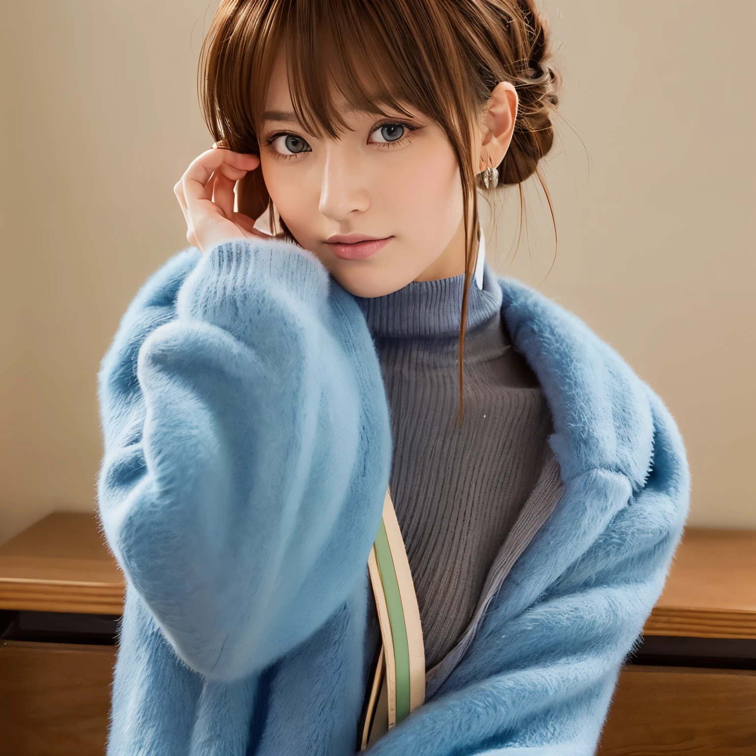 masterpiece)), ((best quality)), ((ultra-detailed)), ((illustration)), nakano miku(go-toubun no hanayome),brown hair,medium hair,blue eyes,hair between eyes,headphones around neck,medium large breasts,pantyhose,fur jacket, light blue jacket, (gray turtleneck:1.2) sweater,long sweater, tights, beige boots, blue shoulder bag, need NAKANO ICHIKA