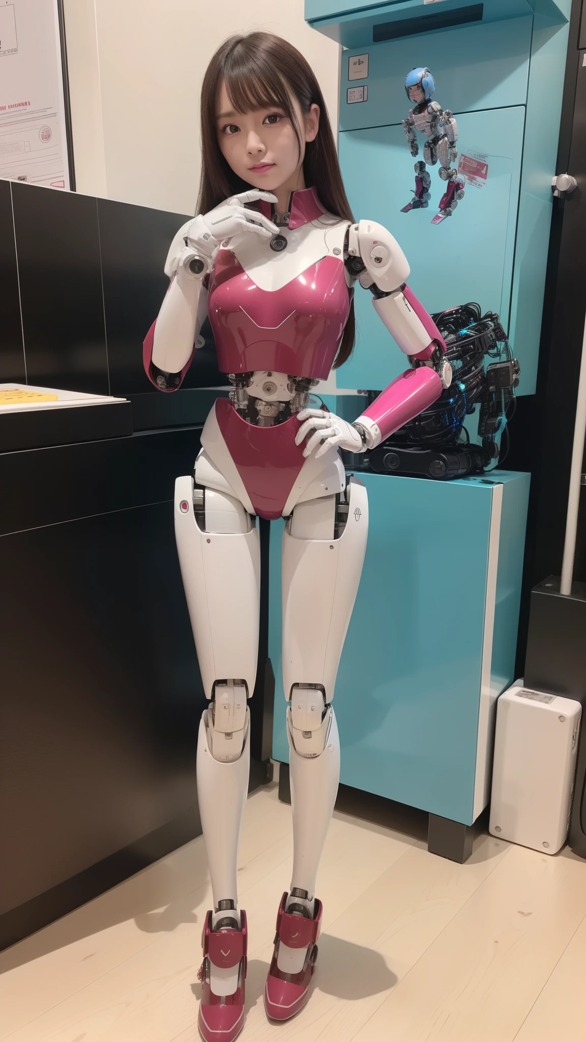 (Photorealsitic:1.4)、one robot woman、(top-quality)、(hyperdetailed face)、(Super well-formed face)、(Robot Parts)、(Female-Robot)、(25 years-old)、(Blue)、(pink there)、(Burgundy)、(metallic)、(full-body)、(sexy pose)、(Slender body)、(Model body type)、(full body mech)、(mechanical exposure)、(Akihabara)、(is looking at the camera)、(A dark-haired)、(Well-proportioned lady)、(a small face)、(a small head)、(well-groomed fingers)、(Idol)、(front facing)、(Standing with legs open)、(Photo session)、(Looks sad)、(perfect-female-robot)、(perfect-mechanical-body)