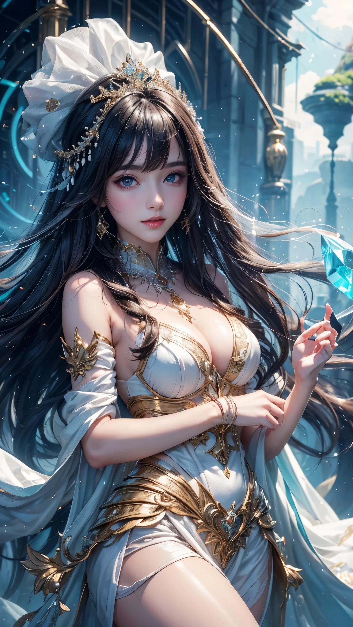 "Let our AI platform take you on a journey through a stunning portrait that will leave you in awe. Imagine a bright and beautiful face, with youthful and shiny white skin that seems to shine from within. Her hair is a sight to behold, with super long and silky straight hairs smoother than anything you've ever seen. And the cherry on top? The beautiful bangs shine like glowing crystals, Add a touch of magic to the overall image. With our wide range of designs and variations, You will be amazed at the endless possibilities."