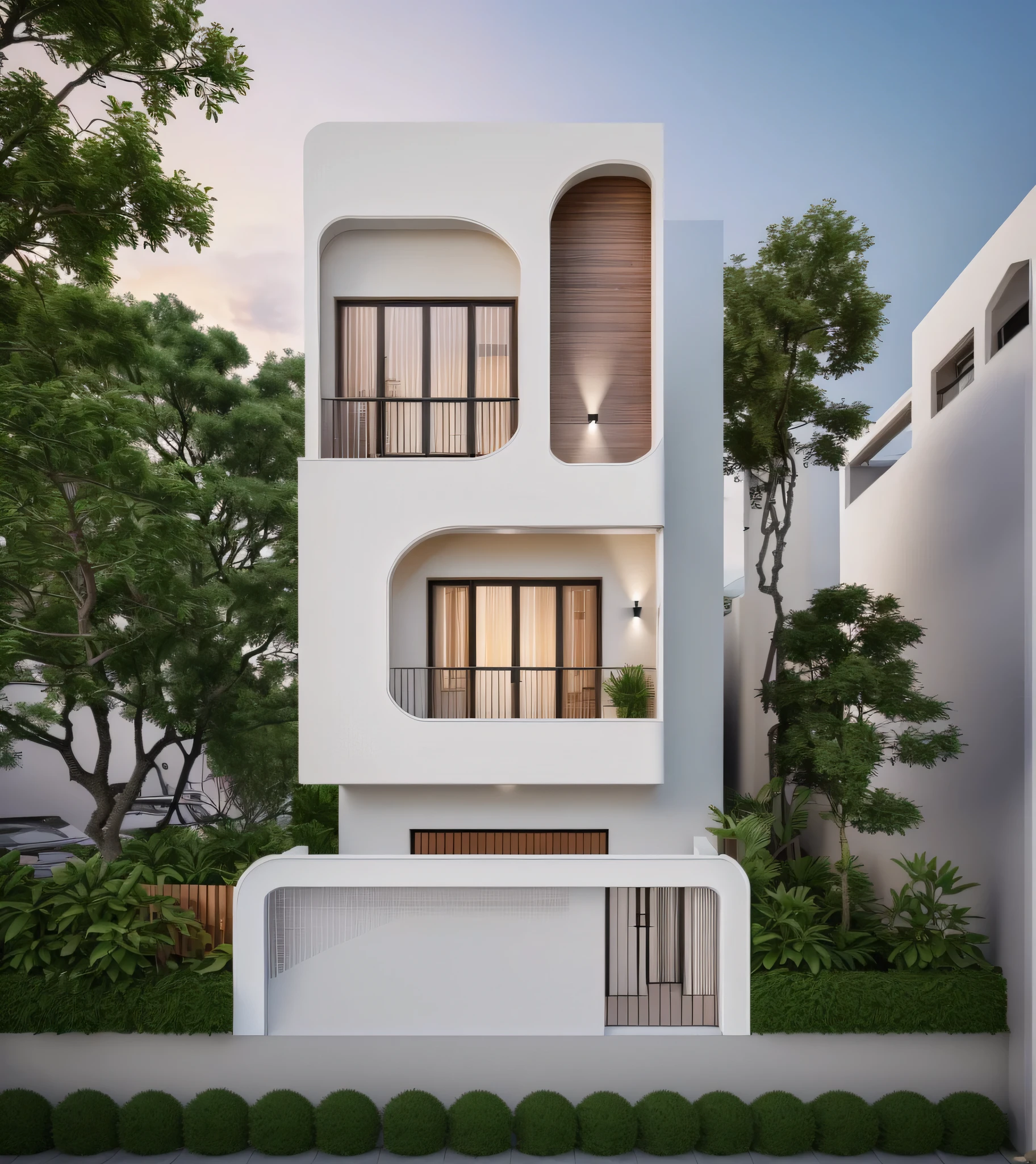 (Townhouse in city ,close houses and trees), daylight ( best quality) ((high solution)) ,(( photo realistic)) ,warm light, (sharp focont view of townhouse in style of modern,small house, Narrow area,VietNam,facade, curved arch,beautiful facade,curved windown,narrow and long ,two-storey,mutual colours, soft lighting, warm atmosphere,high Resolution, hyper detailed,4k ,vray render, octane render, hyper realistic, photography expert ,exterior design , professional photography, exterior photography,wide-angle shot , ultra detail , high Resolution , full frame, full body