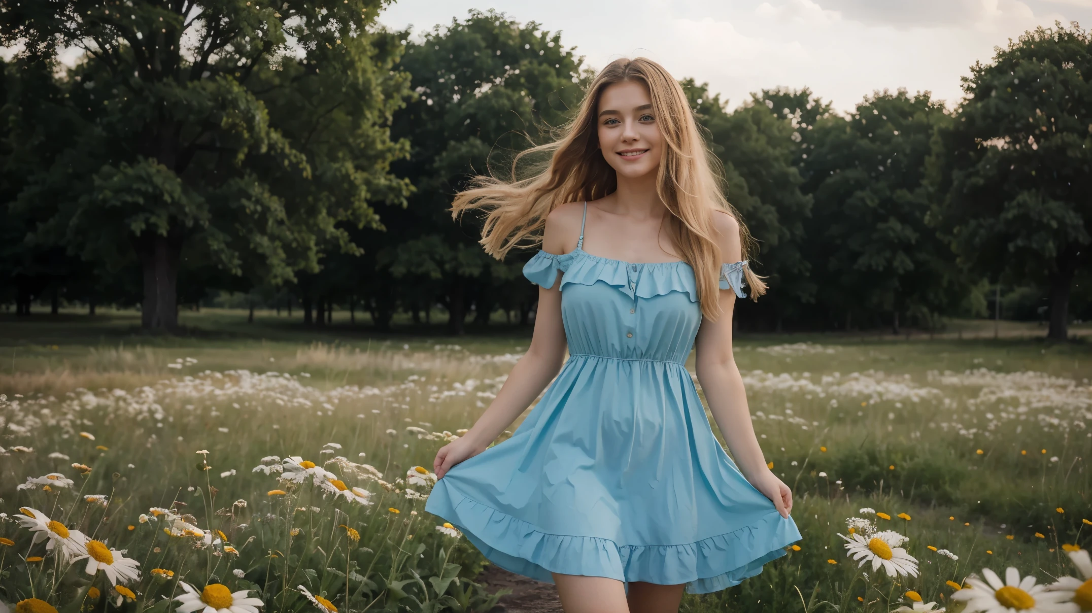 A strong wind blows on your hair, светлые длинные hair fluttering in the wind от сильного ветра, woman in a short blue dress with long hair, fluttering in the wind, perfect figure and slender legs in full height, hair fluttering in the wind, holding a chamomile in his hand, smiling, original perfect face, perfectly beautiful face, Firestarter, butterfly, beautiful blonde, Girl in a short dress ((Best quality)), ((masterpiece)), (detailed), original perfect super beautiful face, Firestarter, against a background of daisies