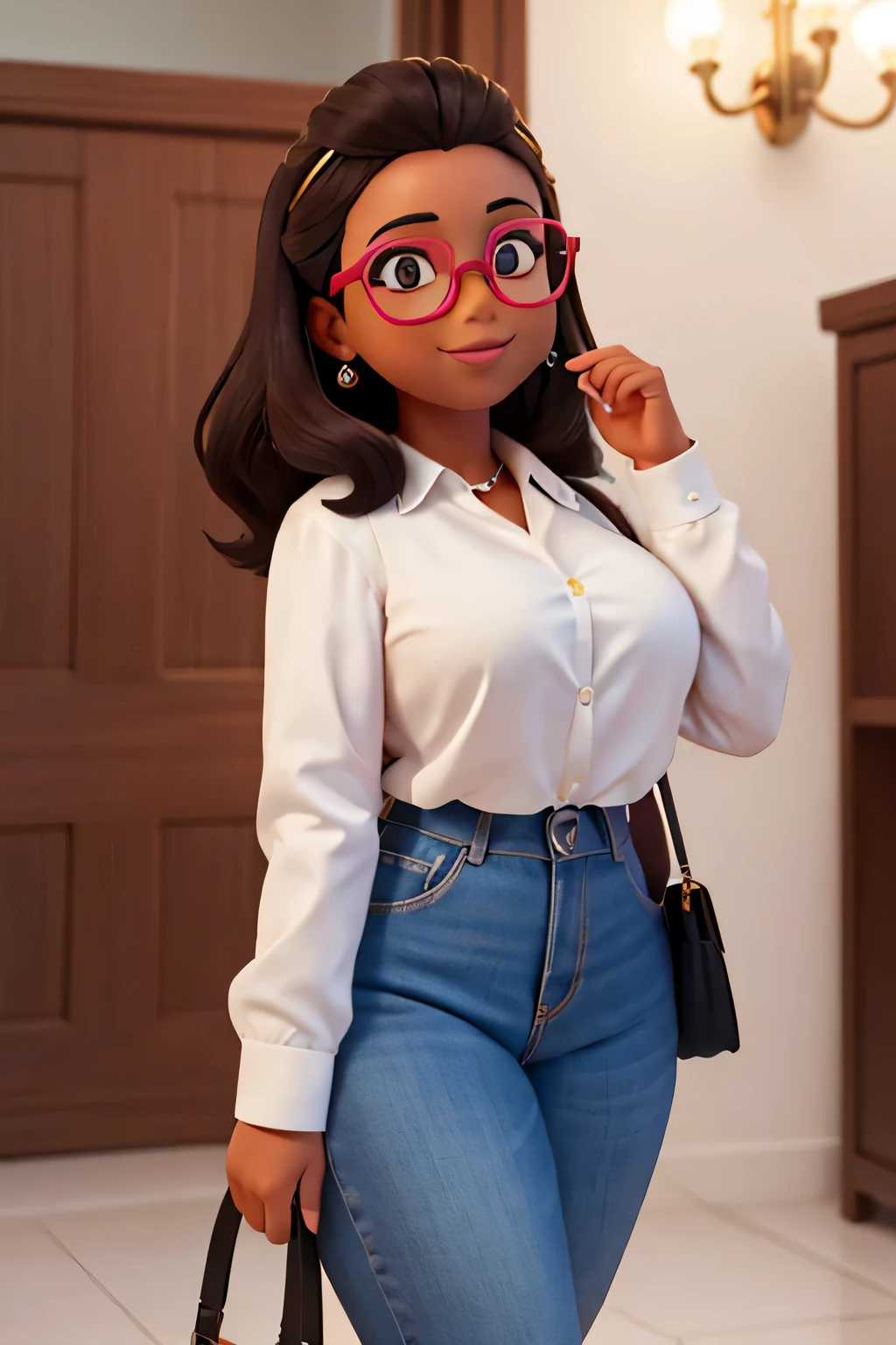 Generate the image of a plus size young woman who weighs an average of 70kg, tem 1,65 cm de altura, isto&#39;it's beautiful, elegante e sofisticada. Ela is a young black woman, de 37 anos. Ela tem cabelos bem cacheado castanhos escuros na altura dos ombros, pele negra, pele escura. Your eyes are dark brown. Ela is wearing a light green pastel women&#39;camisa social., busto coberto. Ela is wearing sophisticated gold accessories. Ela wears wayfarer-shaped prescription glasses., wistoh dark red frame. Ela deve estar com a boca fechada e um leve sorriso. A imagem deve ser somente do rosto, ombros e torax. Ela&#39;s in a room wistoh all whistoe walls. Perfect hands, bem desenhadas, bem cuidadas e unhas pintadas de rosa claro. Each image wistoh a different posistoion.