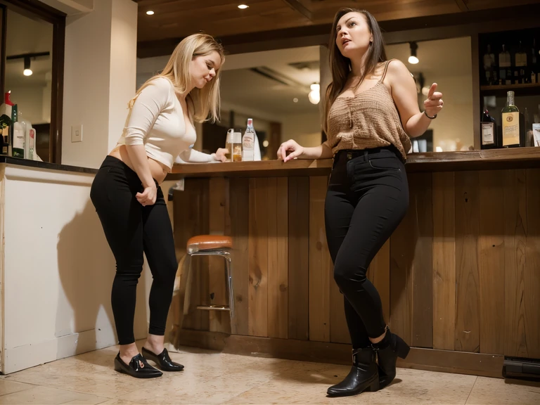 Very drunk chicks are standing in a bar and want to pee