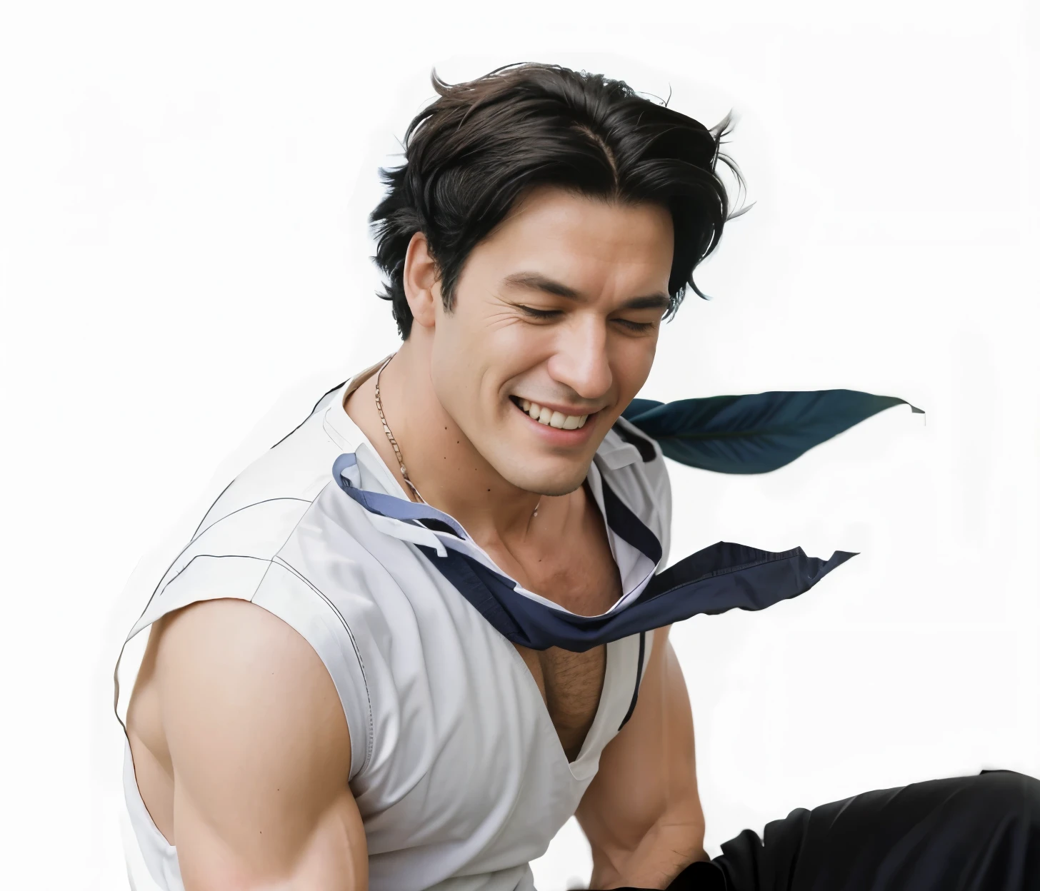 (masterpiece), (realistic), (ultra detailed), ( high reest quality), (photorealistic), (perfect face), old man, 1male, solo, American  (((muscular))), monkey d. Garp from one piece, monkey d. Garp, ((short hair)), ((black hair)), wearing white clothes, there is a blue bandana around his neck, both characters' eyes are closed, the character's mouth is laughing wide, behind the character there is a white light