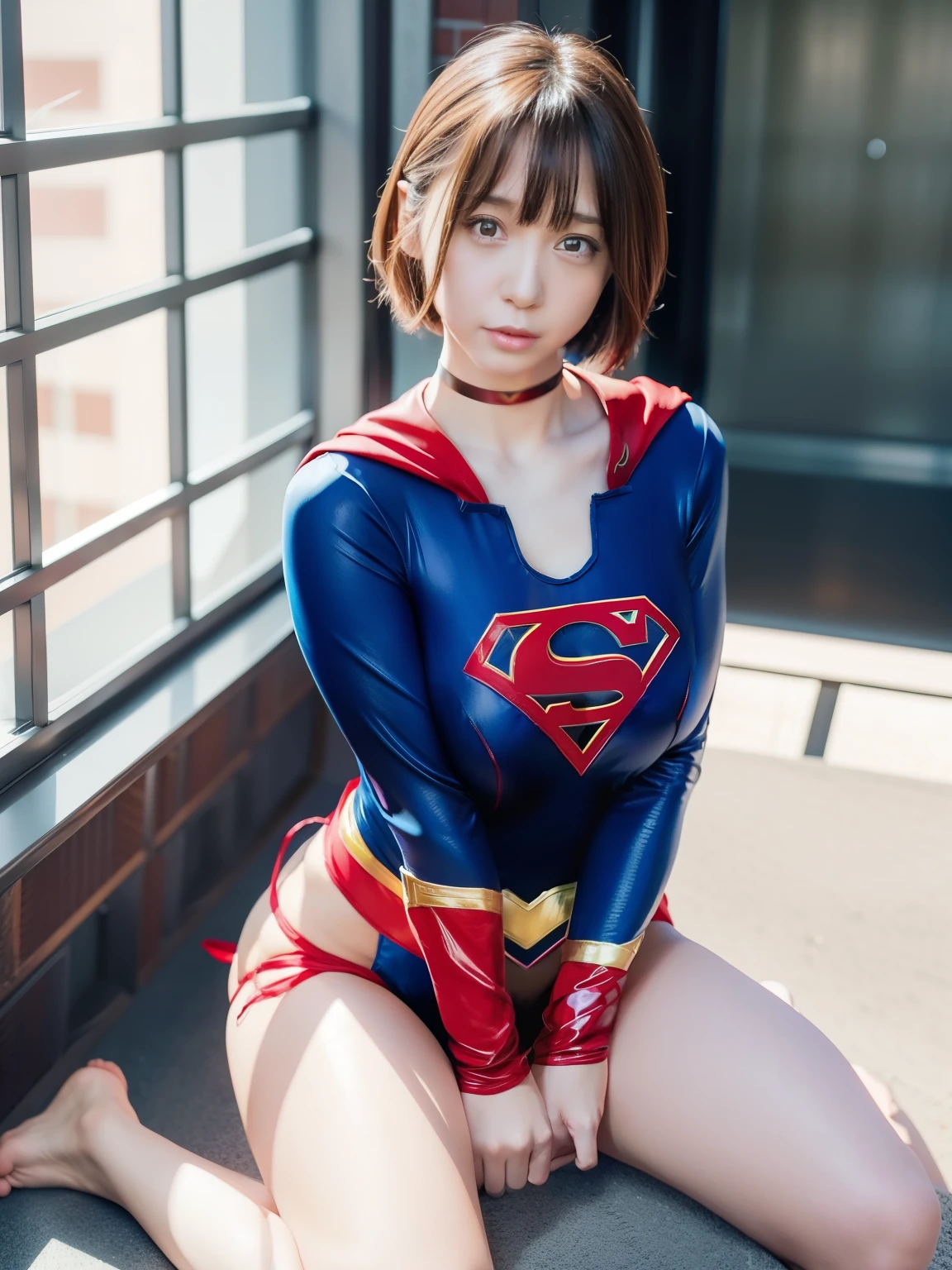 masterpiece,supergirl costume, short hair, barefoot, big and full breasts,research complex、operating table、straddle、Corrupt、shiny、looking at camera、Seduce、choker、long sleeve、Red short miniskirt、sexy pose