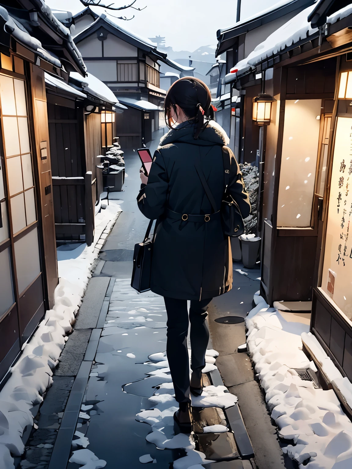 Aerial angle a tourist woman who has cellphone and bag is walking on the street, Kyoto Japan, snowing, 