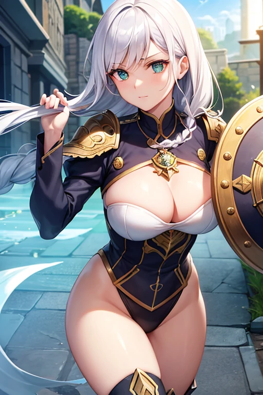 A vision of strength and grace, Captain Lilith stood tall and commanding in her spotless armor, the sunlight glinting off its polished surface. Her long, raven hair was tied back into a tight braid, accentuating her high cheekbones and sharp features. Her emerald green eyes sparkled with determination as she barked orders to her squad, their practiced movements in perfect sync. She wore a pair of sturdy boots that had seen their fair share of battles, but were always well-maintained. Over her armor, she donned a distinctive lantern-shaped shield, its sides painted with the royal crest of Elyria. Around her waist, a sword hung at the ready, its pommel adorned with precious gems. Her presence filled the training ground, and every member of the guard respected and admired her. She has white hair.