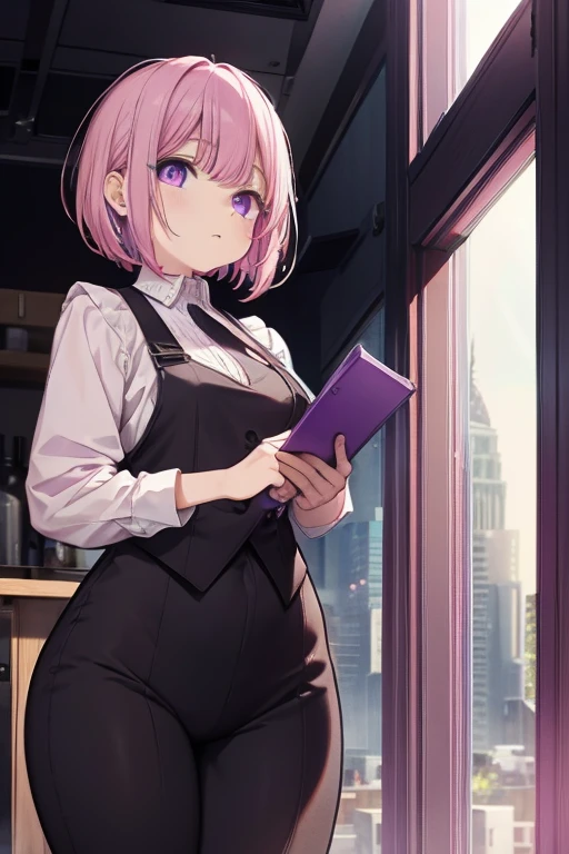 a pink haired female reaper with violet eyes with an hourglass figure with short hair is staring out a window