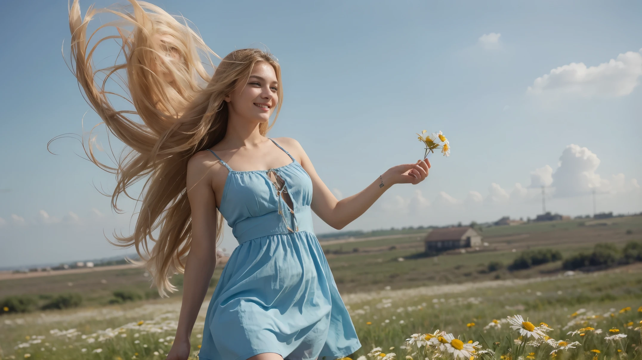 A strong wind blows on your hair, светлые длинные hair fluttering in the wind от сильного ветра, woman in a short blue dress with long hair, fluttering in the wind, perfect figure and slender legs in full height, hair fluttering in the wind, holding a chamomile in his hand, smiling, original perfect face, perfectly beautiful face, Firestarter, butterfly, beautiful blonde, Girl in a short dress ((Best quality)), ((masterpiece)), (detailed), original perfect super beautiful face, Firestarter, against a background of daisies