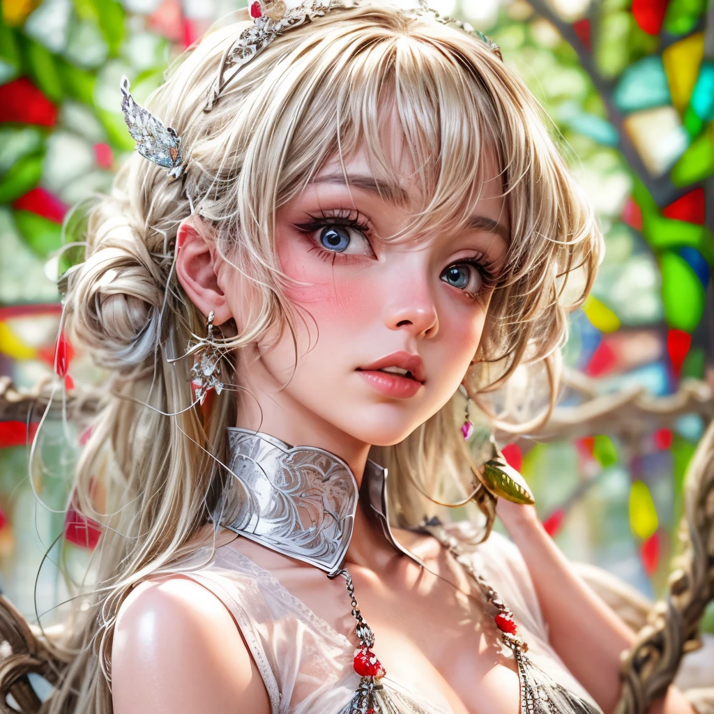 Sexy girl in ((WHITE)) and Delicate lace underwear, with Glossy RED lips, (Exposed:1.2), (nipple:-0.9), { closeup of Cute lips | Dynamic-angle }, ((Dazzling stained glass Background)), (( colorful Light shines through stunning elaborate stained glass:1.2)), vivid Red colors . ((Acutance:0.8, physically-based rendering)), (masterpiece:1.2), (ultra-detailed:1.35), (realistic, photorealistic, ((photo-realistic:1.37))with touch of rawness) . ((Renbutsu Misako)), (Extremely detailed KAWAII face variations, with Dynamic expressions),  detailed eyes with sparkling highlights, captivating gaze, long eyelashes, subtle blush on the face, rosy cheeks, impeccable ivory skin texture . { full of flowers covering girl's body | Mystic sight | haze | Light Particle | Lens Particle | Lens Flare | Dazzling angle's Halo | (Red leather) high collar | Overflowing sideboob } . ((( not Detailed fingers:-0.9))) .