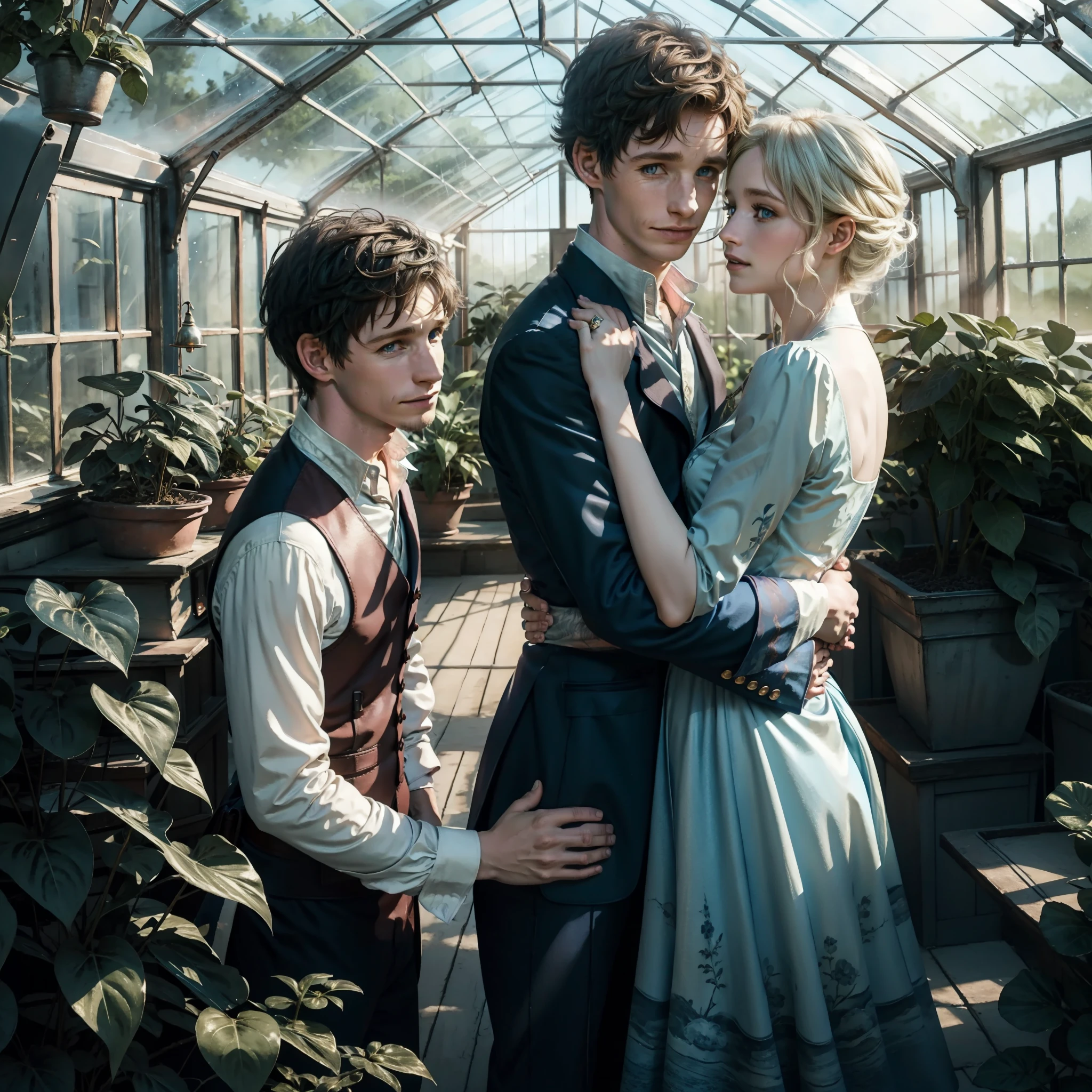 Eddie Redmayne Newt scamander from fantastic animals hugging a white middle haired girl, Romantic couple happy, in a greenhouse, (girl must have blue clothes), anatomy correct, Delicate pattern，Ink painting style, Clean colors, Soft lighting, (Bokeh)，Masterpiece, Super detailed, Epic composition, Highest quality, 8K.