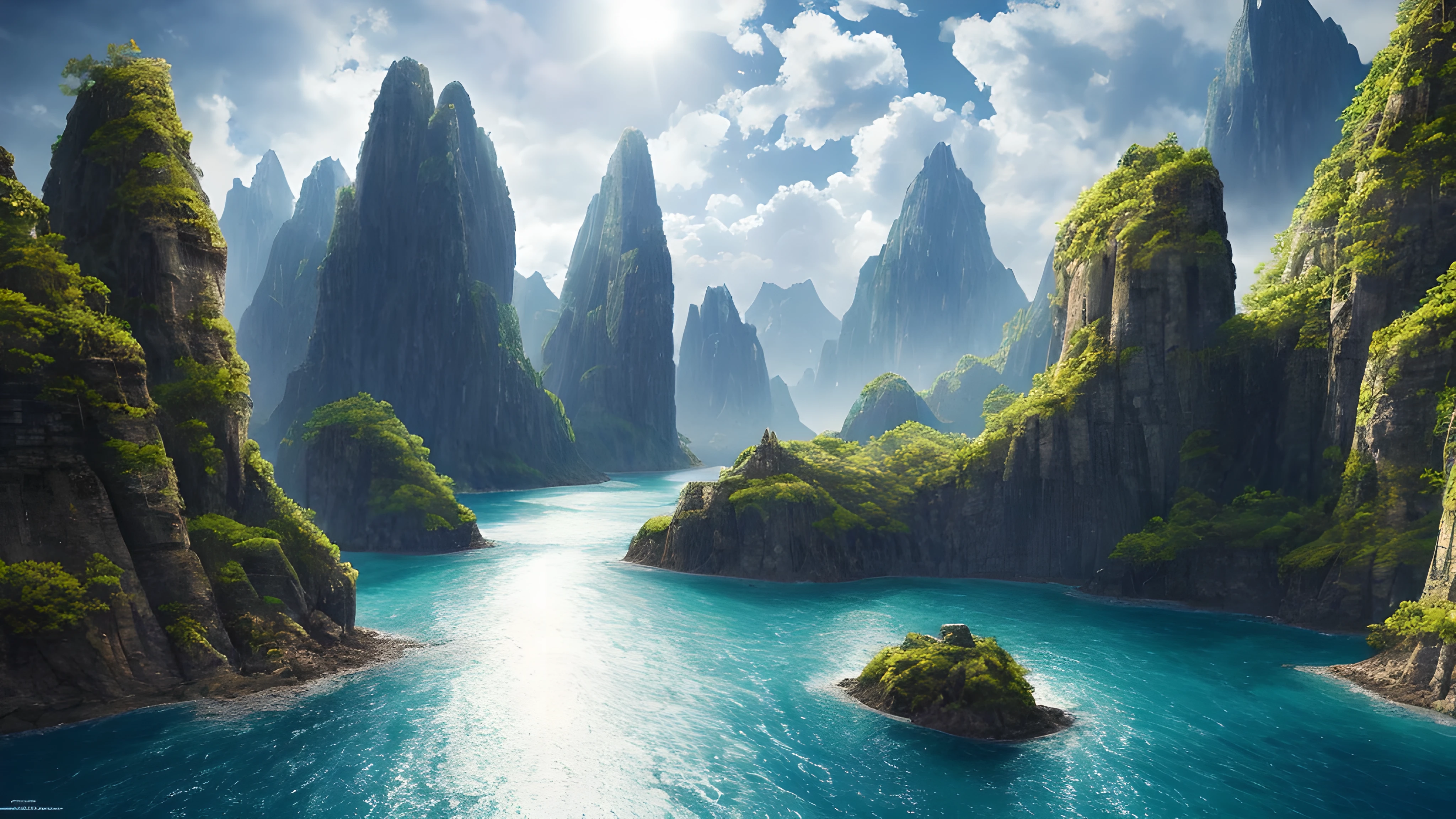 masterpiece, best quality, high quality, Extremely detailed CG unified 8k wallpaper, landscape, outdoor, Sky, cloud, Sky, no humans, Mountain, landscape, water, Tree, blue Sky, waterfall, cliff, nature, Chinese architecture, lakes, river, cloudy skies, Award-winning photography, Bokeh, depth of field, high dynamic range, bloom, Color difference, photorealism, Very detailed, Popular topics on ArtStation, Trending on CGSociety, complicated, high detail, dramatic, midway art