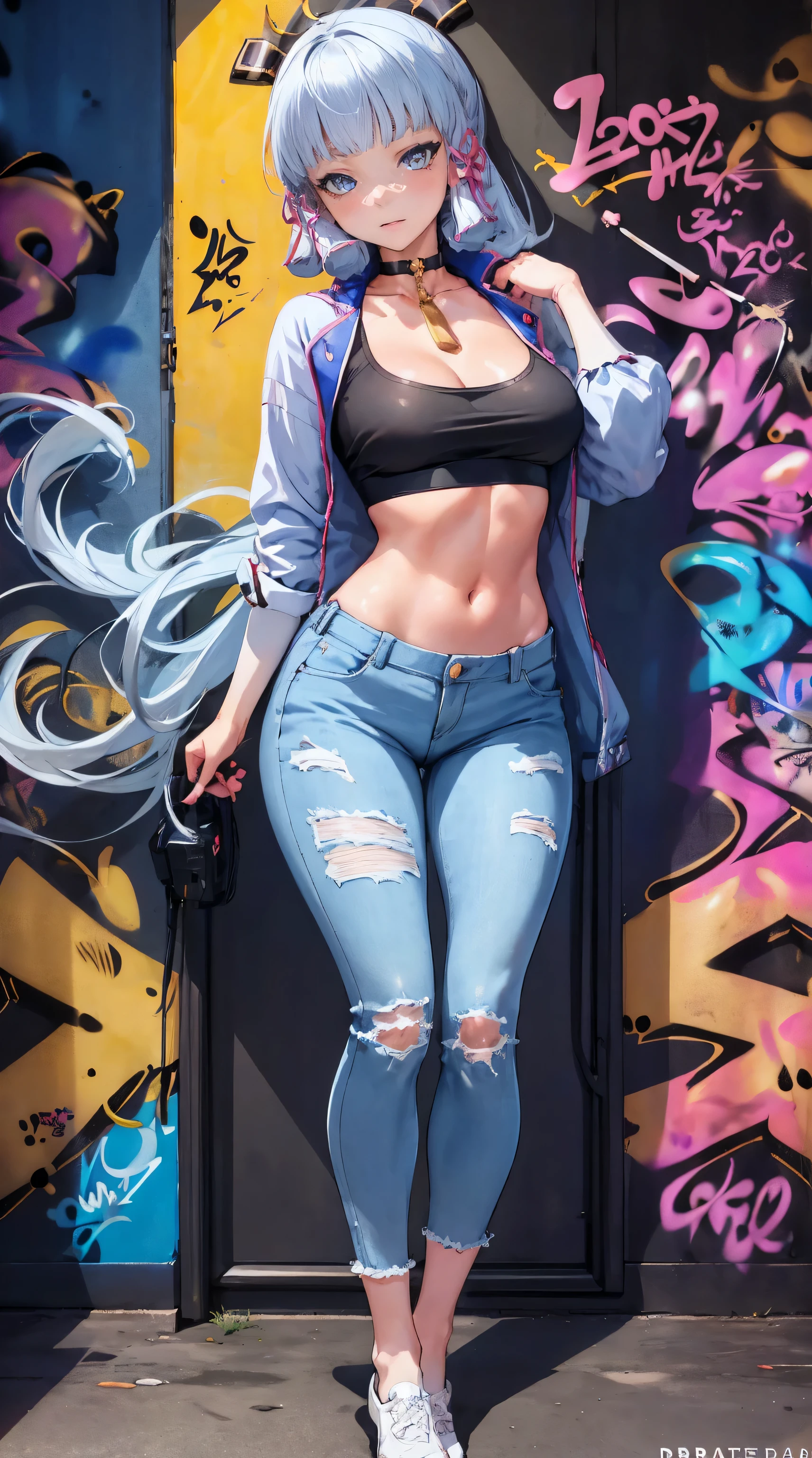 kamisato ayaka|genshin impact, master-piece, bestquality, 1girls,25 years old, Body proportion, crop top, Long Jeans, oversized breasts, ,bara, crop top, shorts jeans, choker, (Graffiti:1.5), Splash with purple lightning pattern., arm behind back, against wall, View viewers from the front., Thigh strap, Head tilt, bored,