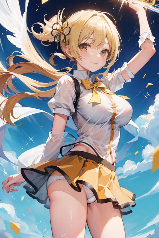 1 girl, cowboy shot, solo, perfect anatomy, standing, spread arms, mami tomoe, masterpiece, best quality, highres, big breast, kind smile, (fluttering skirt, white panties:1.2), sacred, glitter, sparkle, god ray, transparent clothes, wet, 透けブラ, scenery