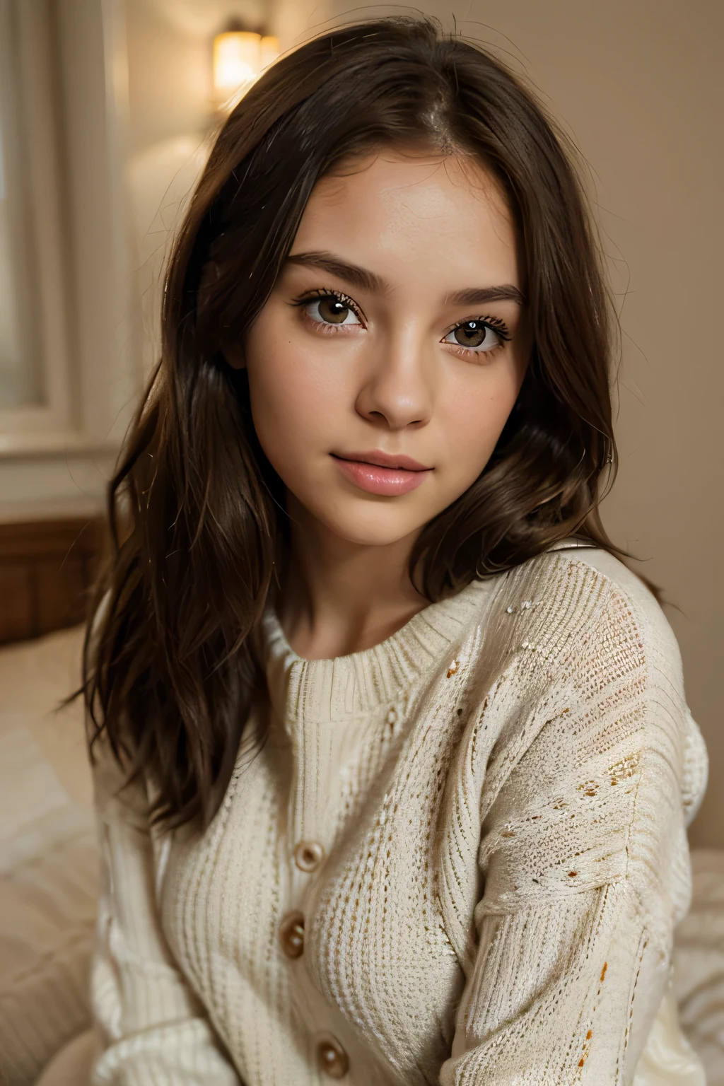 cute lips, and expressive eyes, wearing a sweater. The overall image quality is of the highest standard, with ultra-detailed features and a realistic, photorealistic rendering. The color palette is vivid and playful, with a focus on warm tones to enhance the cheerful atmosphere. The lighting is soft and gentle, casting a warm glow on the girl's face and emphasizing the delicate details of her features. full body:1.5, natural pose.