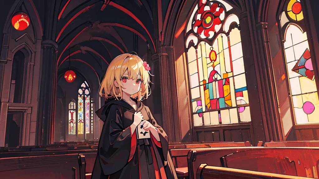 (1 girl, blonde hair, black robe, kawaii), (black mass), (abandoned church, stained glass, red moon)