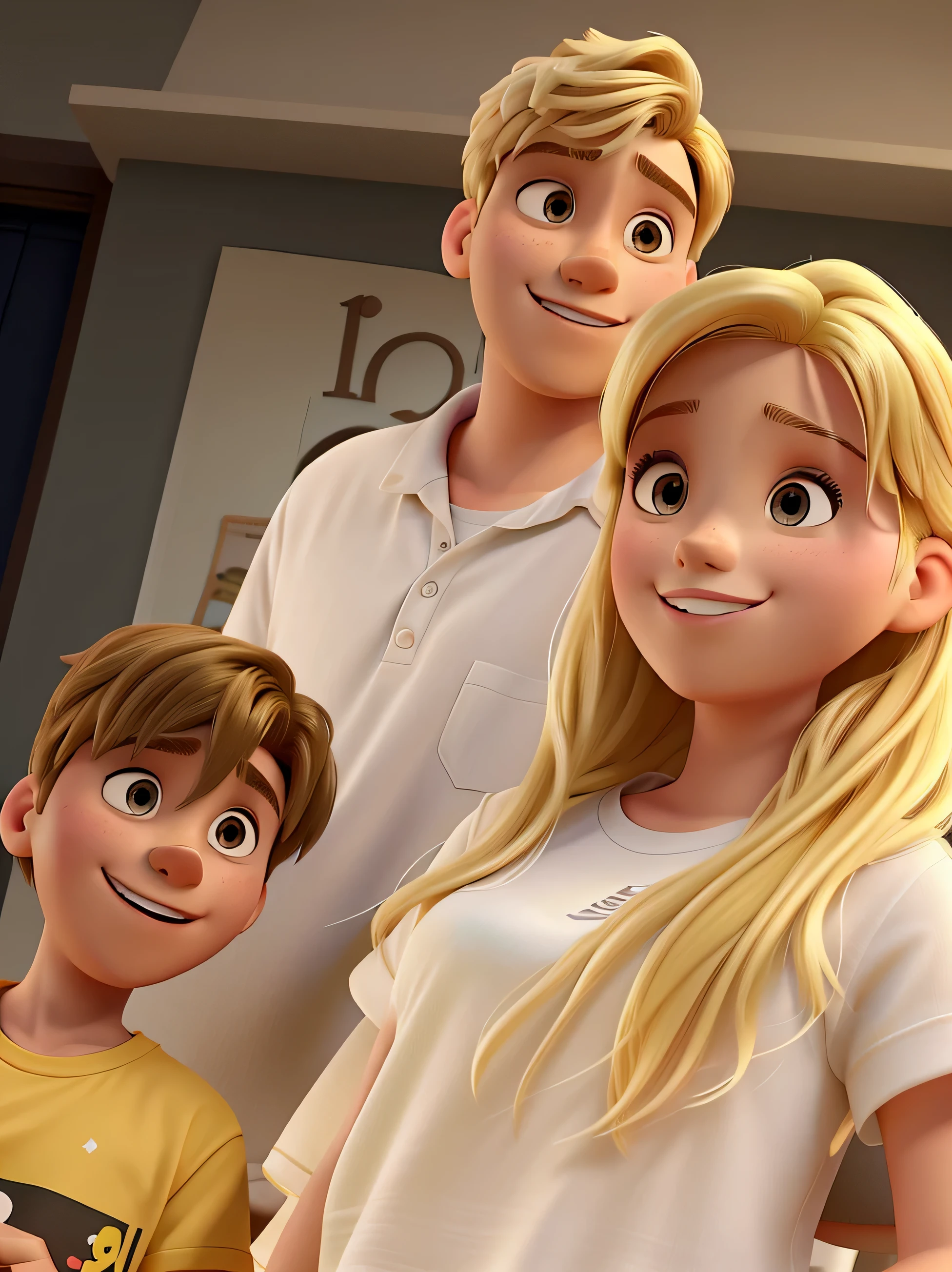 Recreate a film poster in the style of Disney Pixar 3D. In the image there is a young couple with their 8 year old son, their faces must be cute and with smiles. The girl has long blonde hair, her eyes are honey green. The boy has short brown hair and brown eyes. The boy has golden hair and brown eyes. Make the background in the Dreamworks style and be faithful to the reference photo