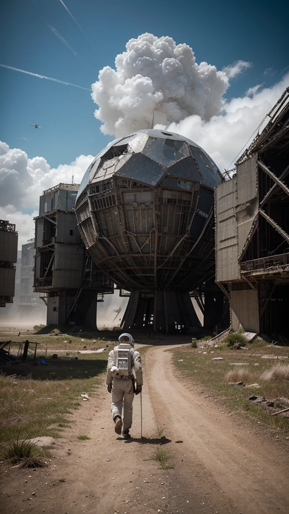 An astronaut walking in the middle of strange alien constructions, very technologically advanced and futuristic, lonely and abandoned. , en medio de la niebla, dos lunas en el cielo, muy detallada, fotorrealista 