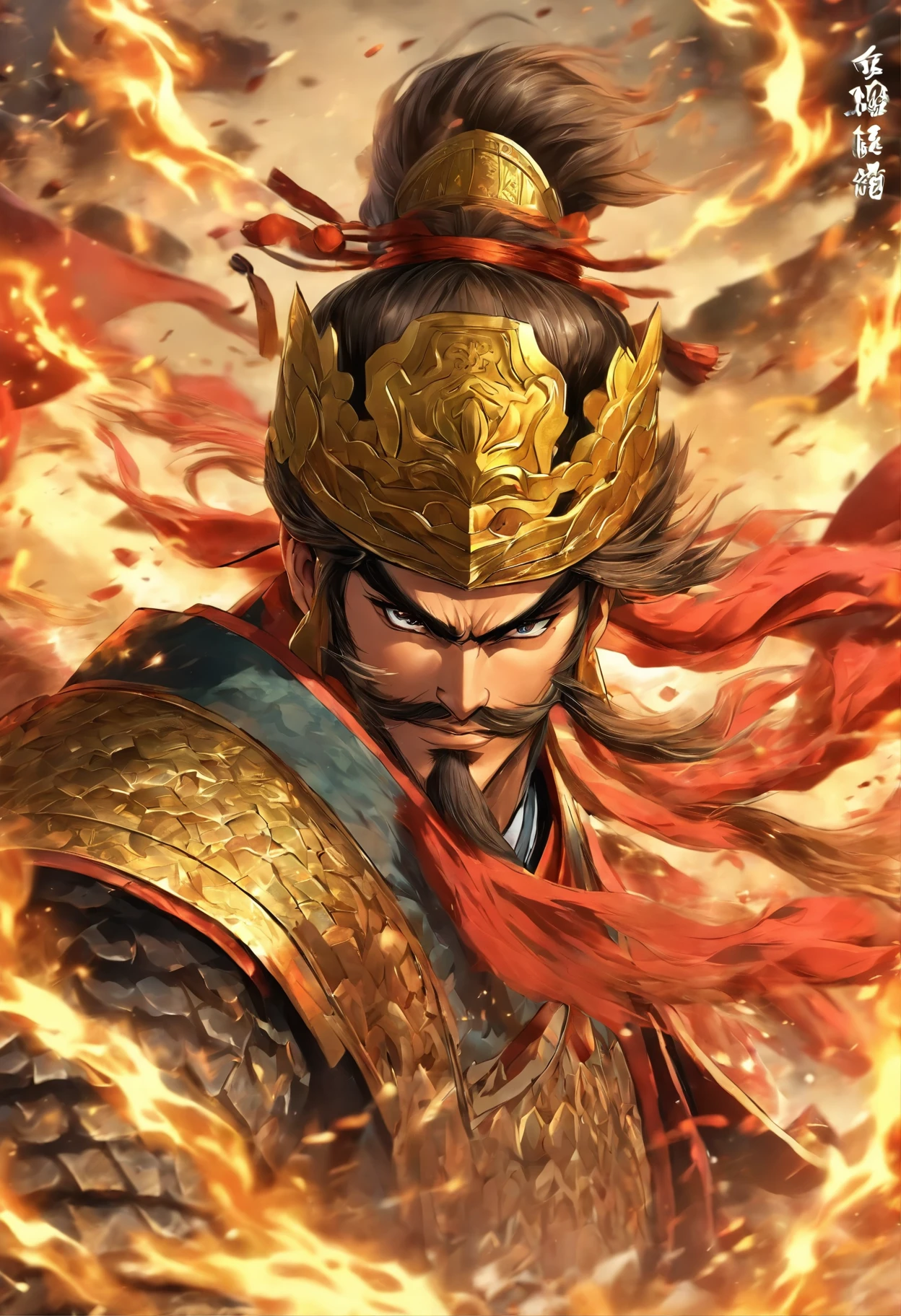 Card design,1male people,Three Kingdoms killing style:1.2,Ancient Chinese background,A meticulous face,Clear face,Full body like,Shogun,Armor,Card background、对称,High picture quality,tmasterpiece,best qualtiy,超高分辨率
