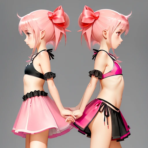 (girl, mahou girl, pink dress, swollen, guilty gear style, concept art, Character Design, facing the front, facial profile, side 2, all fronts, Стиль аниме 90-х, finding, watercolor:1 tiny bikini