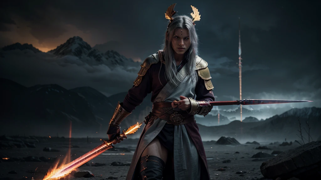 Create a captivating and epic image of a gray-skinned humanoid wearing a Crimson robe adorned with gold and cyan details. The character must wield a spear with mysterious runes imbued with black flames in one hand and a black and red sword in the other. Place it in a battlefield setting with the gray sky highlighting vibrant purple rays, conveying an intense and magical atmosphere. Make sure the image has the highest resolution possible to highlight every detail of the scene