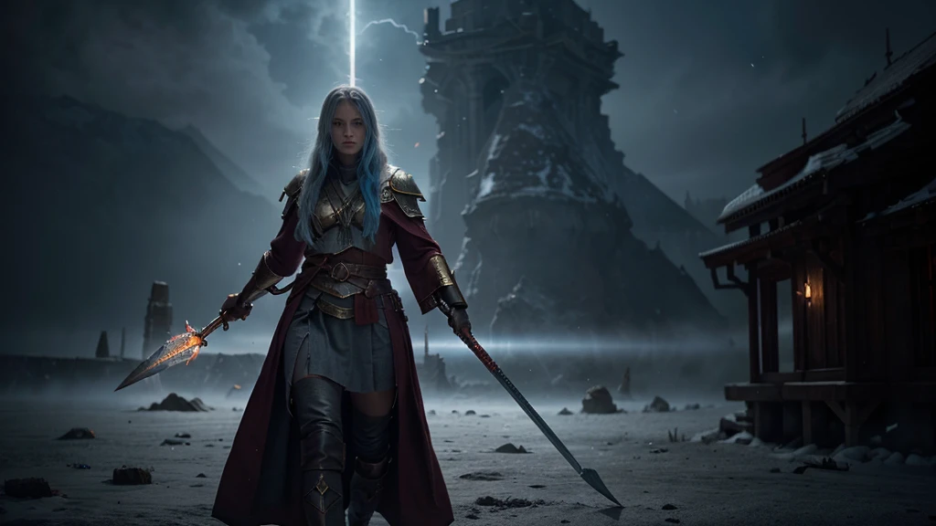 Create a captivating and epic image of a gray-skinned humanoid wearing a Crimson robe adorned with gold and cyan details. The character must wield a spear with mysterious runes imbued with black flames in one hand and a black and red sword in the other. Place it in a battlefield setting with the gray sky highlighting vibrant purple rays, conveying an intense and magical atmosphere. Make sure the image has the highest resolution possible to highlight every detail of the scene
