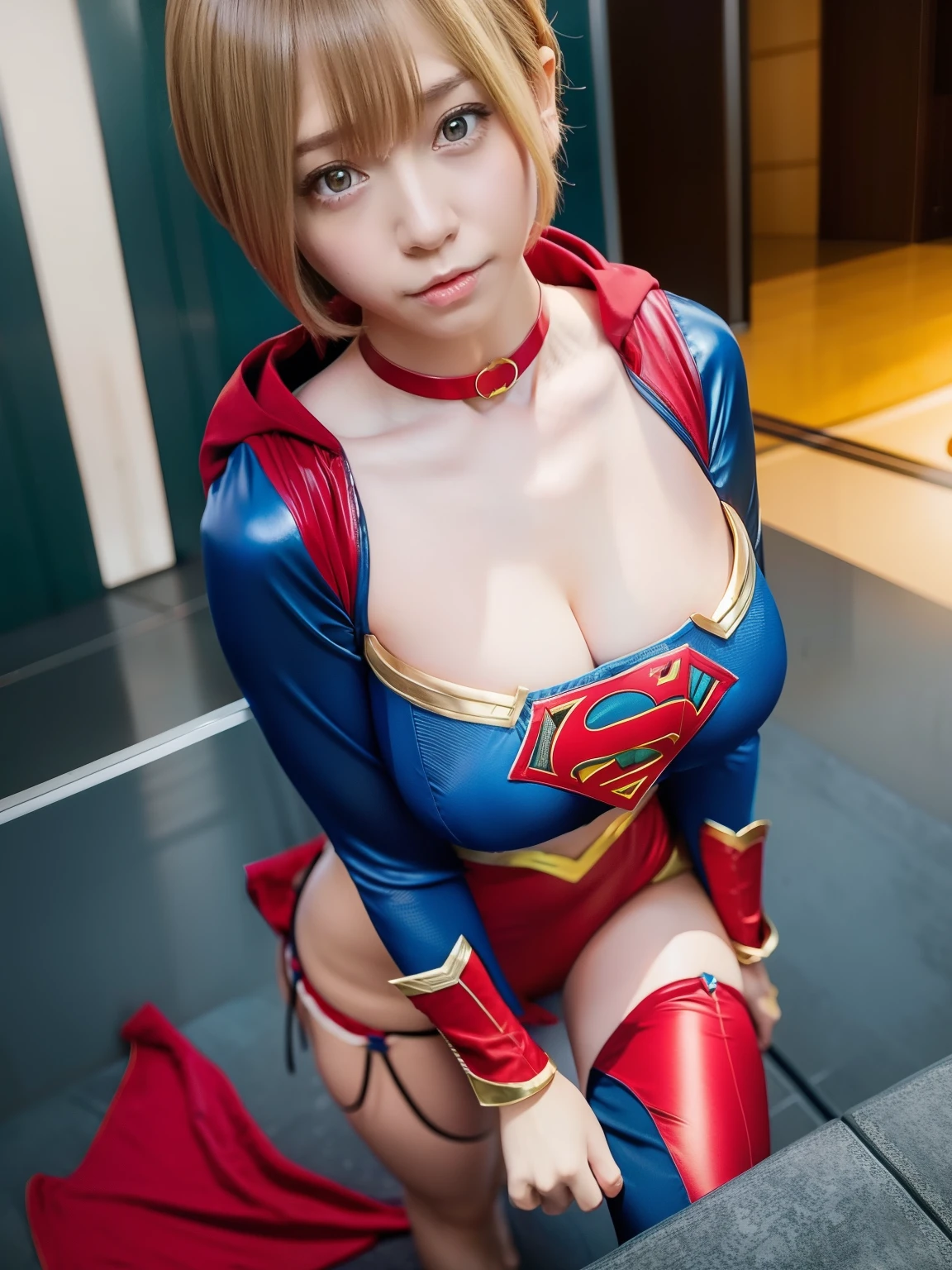 masterpiece,supergirl costume, short hair, barefoot, big and full breasts,religious facility、operating table、straddle、Corrupt、shiny、looking at camera、Seduce、choker、long sleeve、Red short miniskirt、sexy pose