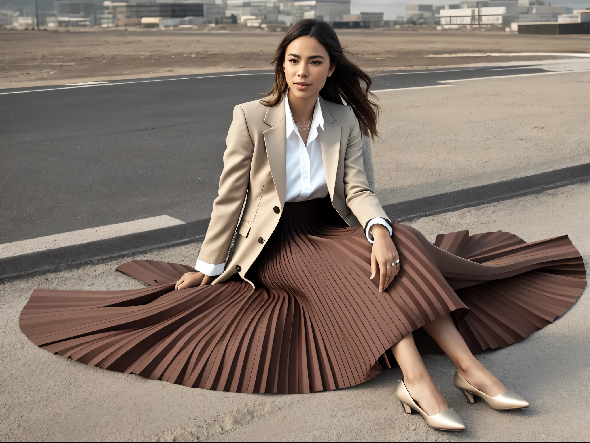 (authentic:1,1) (shy:0,9) (smiling:0,4) women wearing (long (pleated) full circle skirte) and (low heeled office shoes), very intricate hyper-detailed symmetric (attractive graceful feminine faces) with (sad, tired eyes and shy smiles), large breasts, full of empathy and compassion and love, (pronounced (feminine) features), (highly detailed ultra accurate realistic) hands and fingers, (windy conditions and wind blowing), epic composition, highly detailed attributes, highly detailed space station background, extremely high quality RAW photograph,, sci-fi , high-angle shot, cinematic shot, dynamic lighting, 75mm, Technicolor, Panavision, cinemascope, sharp focus, fine details, 8k, HDR, realism, realistic, key visual, film still, superb cinematic color grading, depth of field