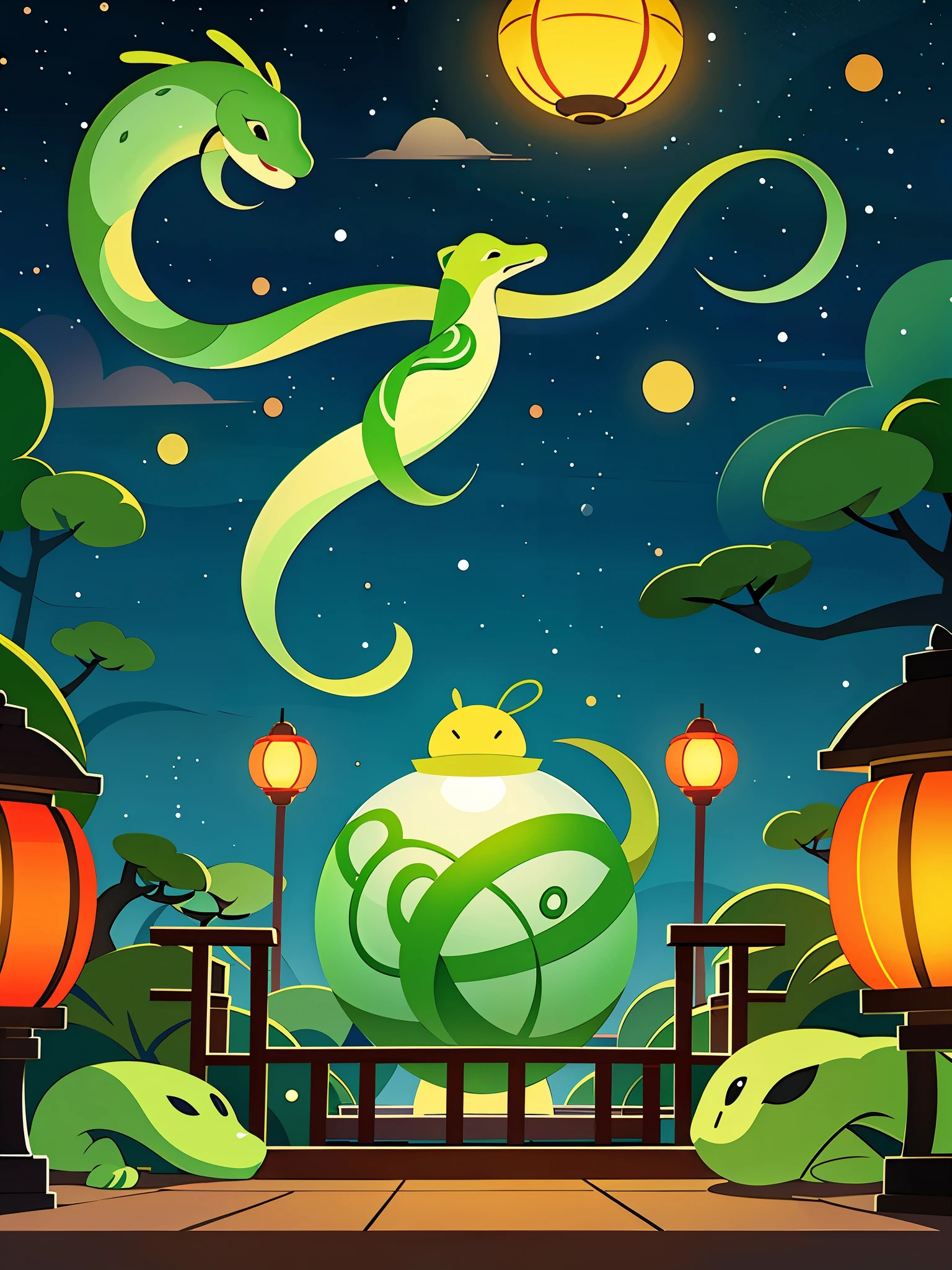 During the Lantern Festival in Hangzhou, white snakes and green snakes dance happily, lanterns fly, and the atmosphere is lively. On the night of the Lantern Festival in Hangzhou, colorful lanterns decorate the night sky, and the illustration incorporates traditional Chinese colors such as red, gold, and green. White, spring couplets, silk satin, cloud and water painting, green snake, fine picture quality, no one appears, flat illustration style,