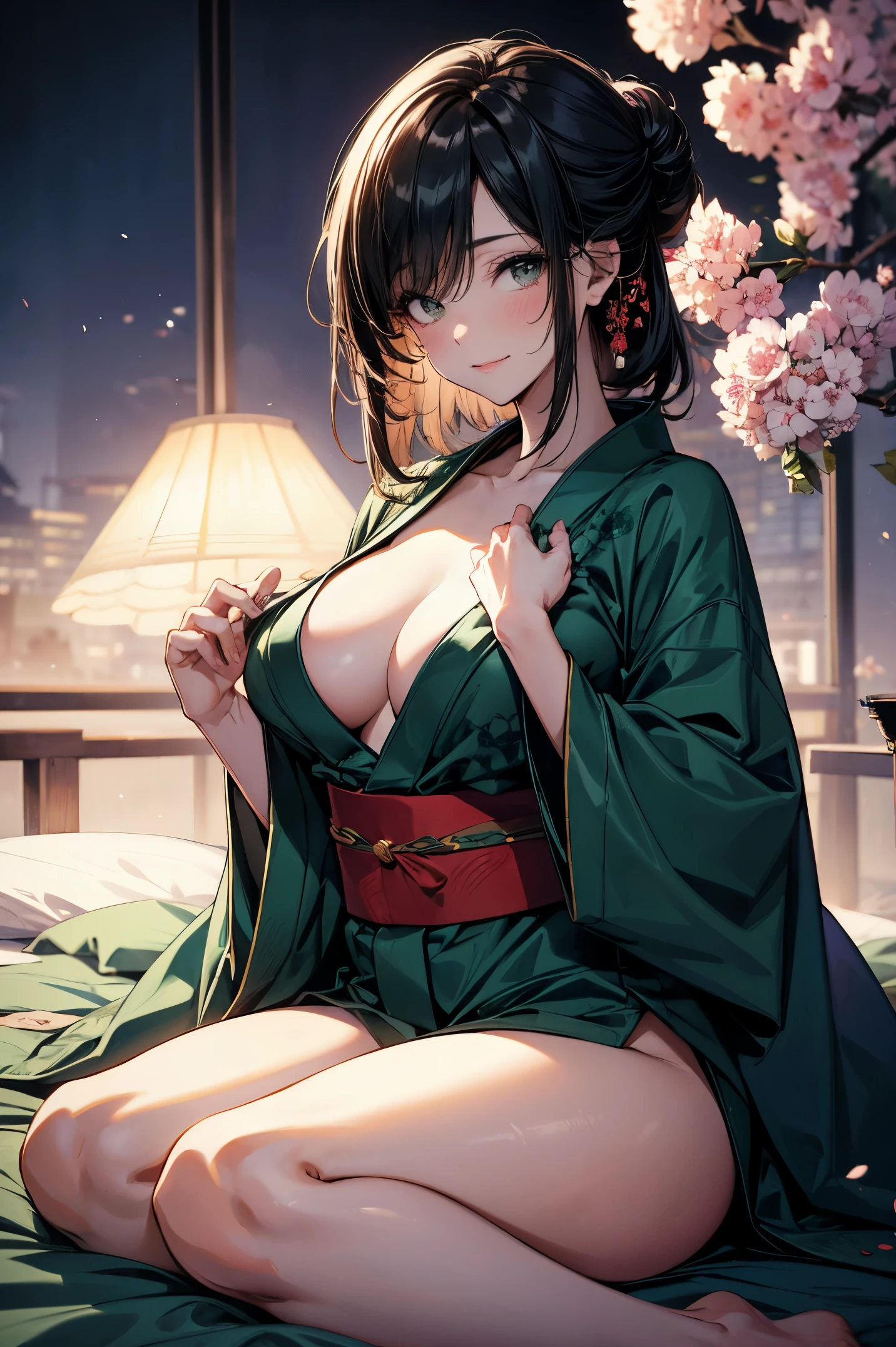 (Masterpiece, best quality), (ultra high resolution, 8K RAW photo, photo realistics:1.5, textile shading, softy tones, thin outline), araffe matured woman in a kimono, sitting on a bed with hugging a teddy bear, (wearing dark green silk robes), (dark green hanfu:1.2), (wearing japanese kimono:1.2, traditional japanese, japanese clothes), (classy yukata clothing, flowers printing in clothes), wearing a haori, (matured woman, milf:1.5, 28 years old, solo), (large breast, sagging breast, big tits, narrow waist, big ass, curvy bodies), (medium hair, hair over one eye, asymmetric hair, half updo hair), (bright pupils, detailed eyes, high detailed face, half closing eyes), eye rush, (smileing, shamed), (looking at viewers:1.3), (dynamic angle, from above:0.5), (correct anatomy:1.5, correct hands), (ideal ratio of body proportions),