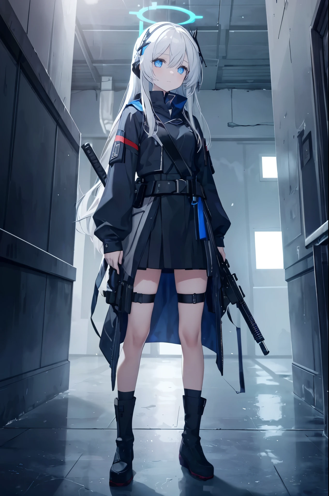 tired expression,Very heavy dark circles,stand,white long straight hair,Hair has turned white,white hair,eyes are blue,eyes shining,Highlights in eyeemale hands,novice,Female face,There is a blue halo directly above the head,There is a blue halo on the head,The blue halo is a polyhedral shape,Halo is only blue,bare legs,Have a gun in hand,There is a blue halo directly above the head,There is a blue halo on the head,The blue halo is a polyhedral shape,Halo is only blue