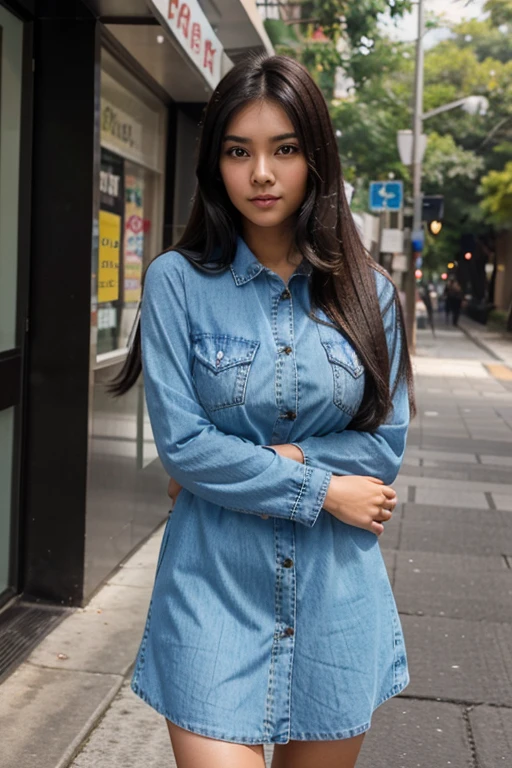 malay girl with fair skin, straight hair, black hair, brunette, beautiful young girl, with cute - fine - face, cute young woman, cute beautiful, girl next door innocent look, cute young girl, large breast, long sleeve , long arm sleeve, araffe woman in a denim dress posing for a picture