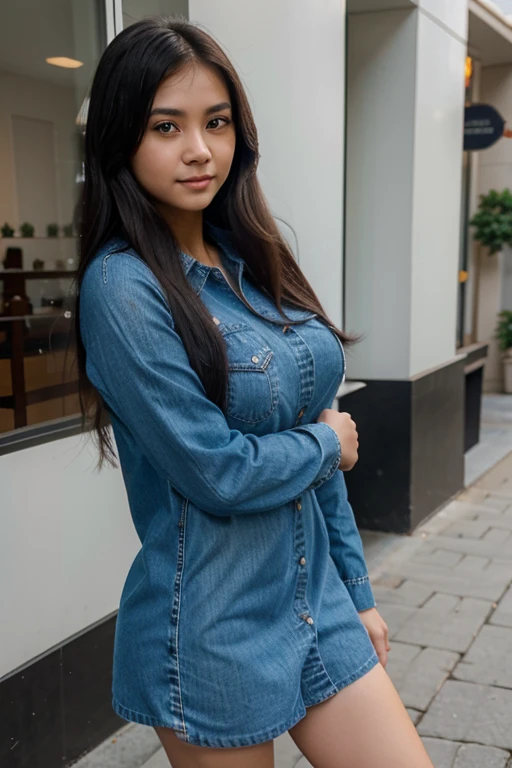 malay girl with fair skin, straight hair, black hair, brunette, beautiful young girl, with cute - fine - face, cute young woman, cute beautiful, girl next door innocent look, cute young girl, large breast, long sleeve , long  arm sleeve, araffe woman in a denim dress posing for a picture
