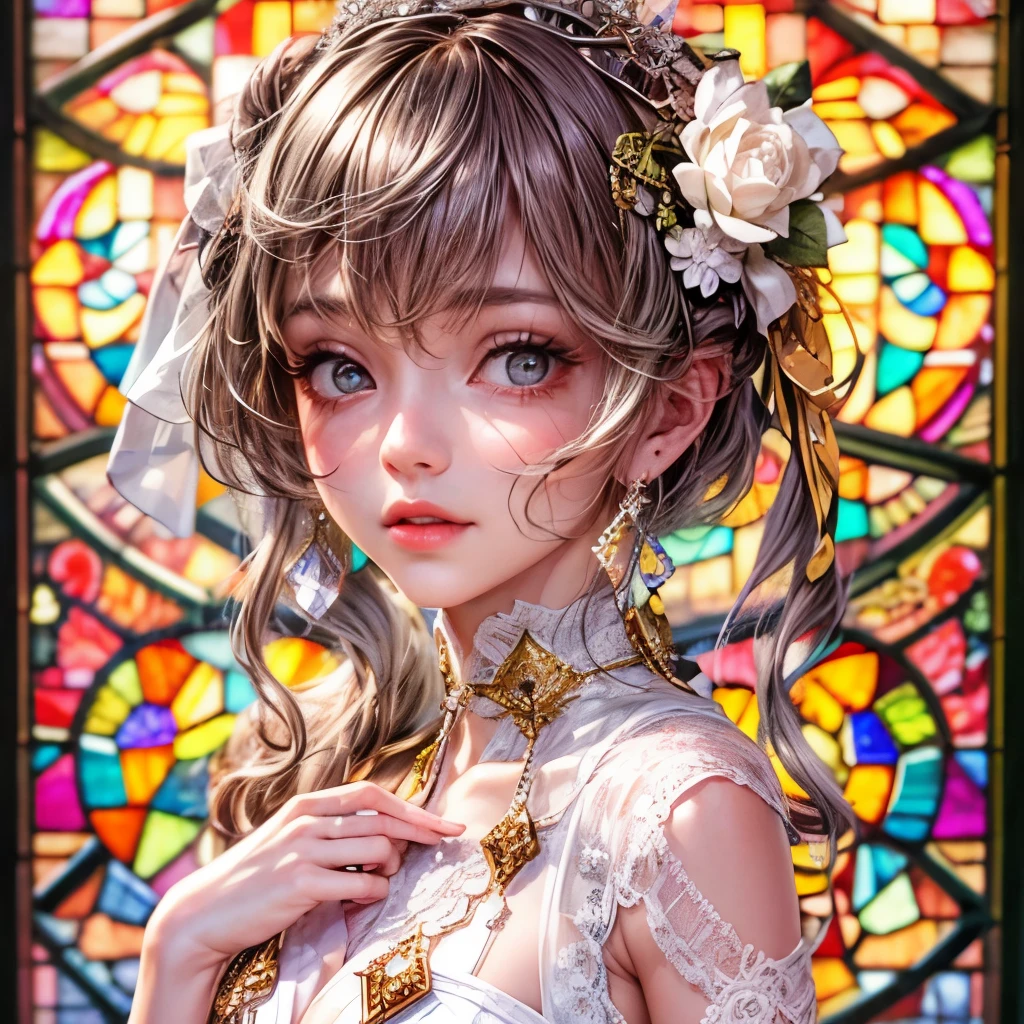 Sexy girl in ((WHITE)) and Delicate lace underwear, with Glossy RED lips, (Exposed:1.2), (nipple:-0.9), { closeup of Cute lips | Dynamic-angle }, ((Dazzling stained glass Background)), (( colorful Light shines through stunning elaborate stained glass:1.2)), vivid Red colors . ((Acutance:0.8, physically-based rendering)), (masterpiece:1.2), (ultra-detailed:1.35), (realistic, photorealistic, ((photo-realistic:1.37))with touch of rawness) . ((Renbutsu Misako)), (Extremely detailed KAWAII face variations, with Dynamic expressions), detailed eyes with sparkling highlights, captivating gaze, long eyelashes, subtle blush on the face, rosy cheeks, impeccable ivory skin texture . { full of flowers covering girl's body | Mystic sight | haze | Light Particle | Lens Particle | Lens Flare | Dazzling angle's Halo | (Red leather) high collar | Overflowing sideboob } . ((( not Detailed fingers:-0.9))) .