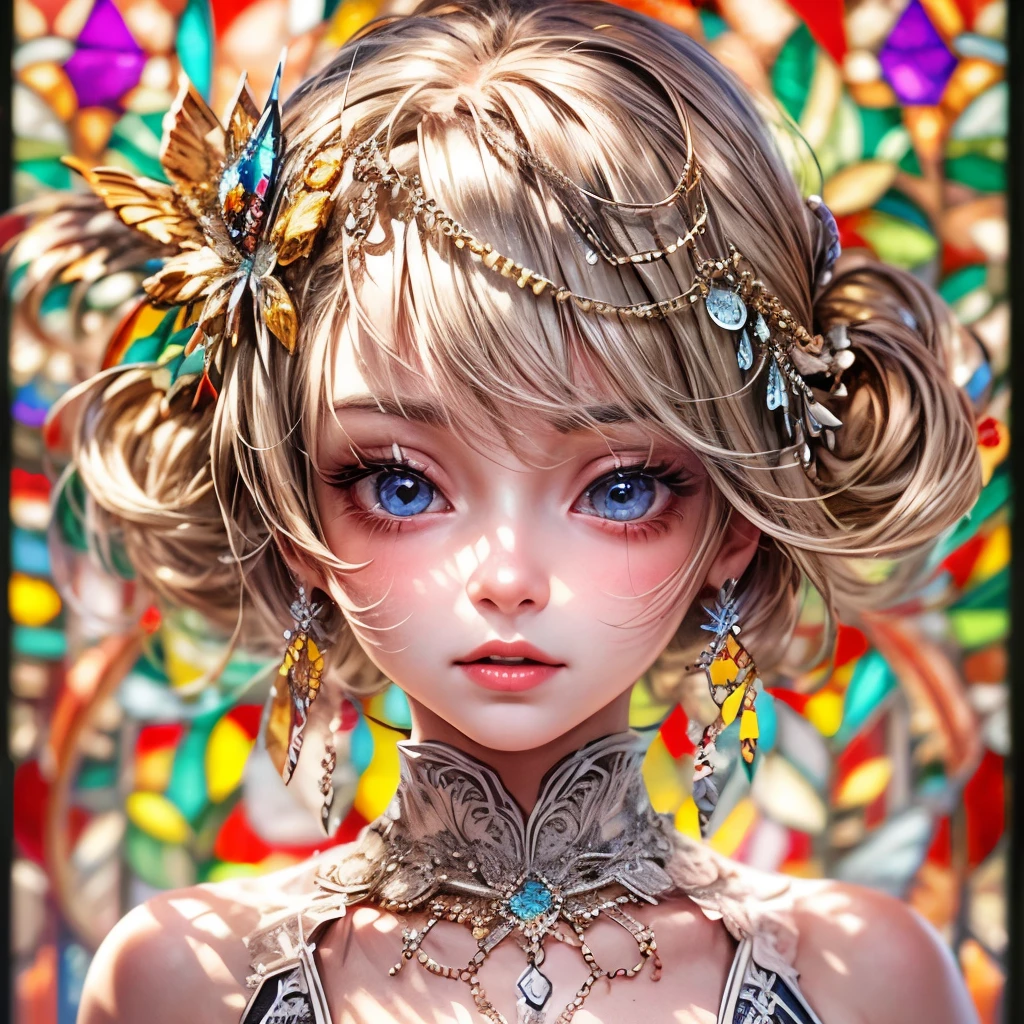 Sexy girl in ((WHITE)) and Delicate lace underwear, with Glossy RED lips, (Exposed:1.2), (nipple:-0.9), { closeup of Cute lips | Dynamic-angle }, ((Dazzling stained glass Background)), (( colorful Light shines through stunning elaborate stained glass:1.2)), vivid Red colors . ((Acutance:0.8, physically-based rendering)), (masterpiece:1.2), (ultra-detailed:1.35), (realistic, photorealistic, ((photo-realistic:1.37))with touch of rawness) . ((Renbutsu Misako)), (Extremely detailed KAWAII face variations, with Dynamic expressions), detailed eyes with sparkling highlights, captivating gaze, long eyelashes, subtle blush on the face, rosy cheeks, impeccable ivory skin texture . { full of flowers covering girl's body | Mystic sight | haze | Light Particle | Lens Particle | Lens Flare | Dazzling angle's Halo | (Red leather) high collar | Overflowing sideboob } . ((( not Detailed fingers:-0.9))) .