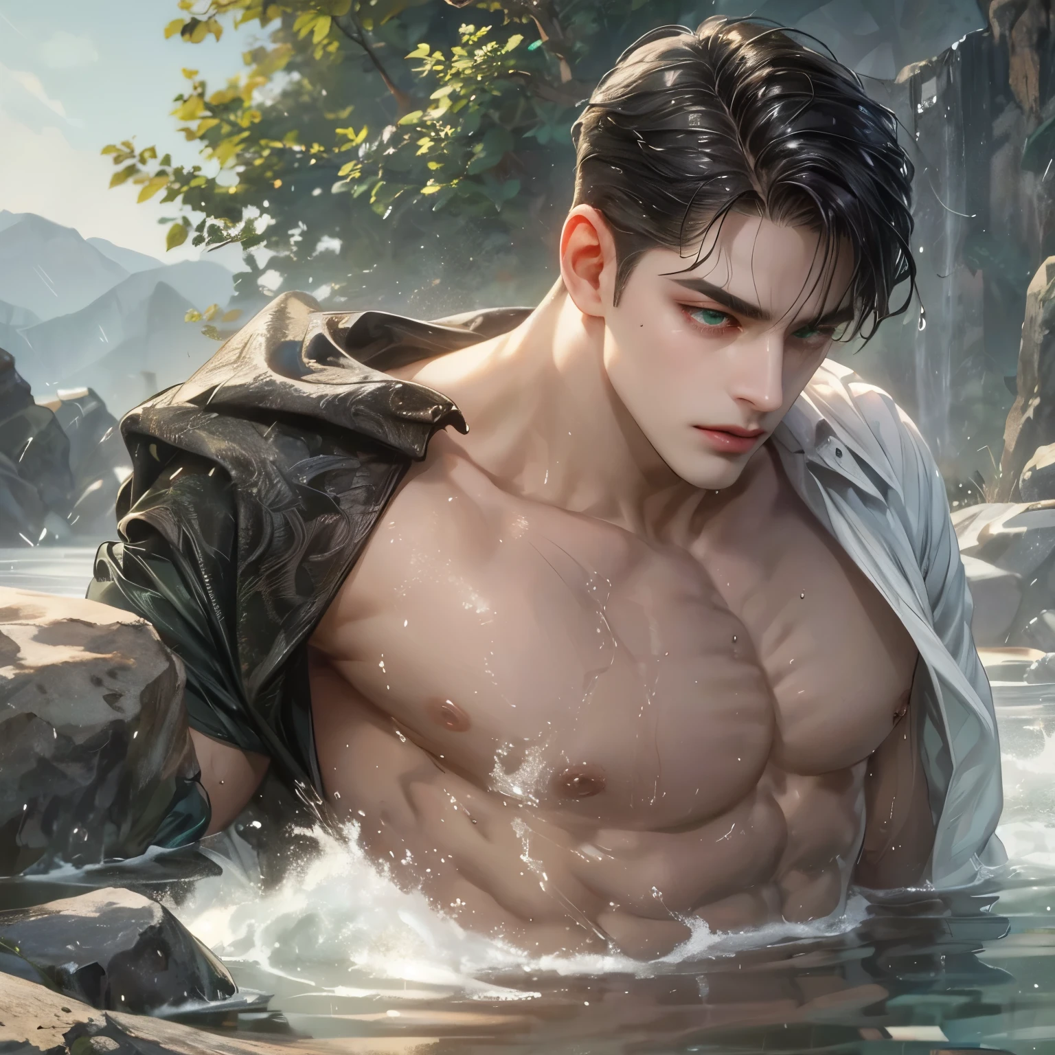 masterpiece, best quality, realistic 8K, one mature male, 36 years old, extremely detailed face, ((dark green eyes)), ((short white quiff hair with bang parts 3:7 ratio)), (( wet hair)), muscular abs ((half naked)), Extremely delicate and stern face ((cold look)), ((sharp eyes)), cinematic lighting, modern era, (whole portrait), hotspring background. Muscular, big body, strong,