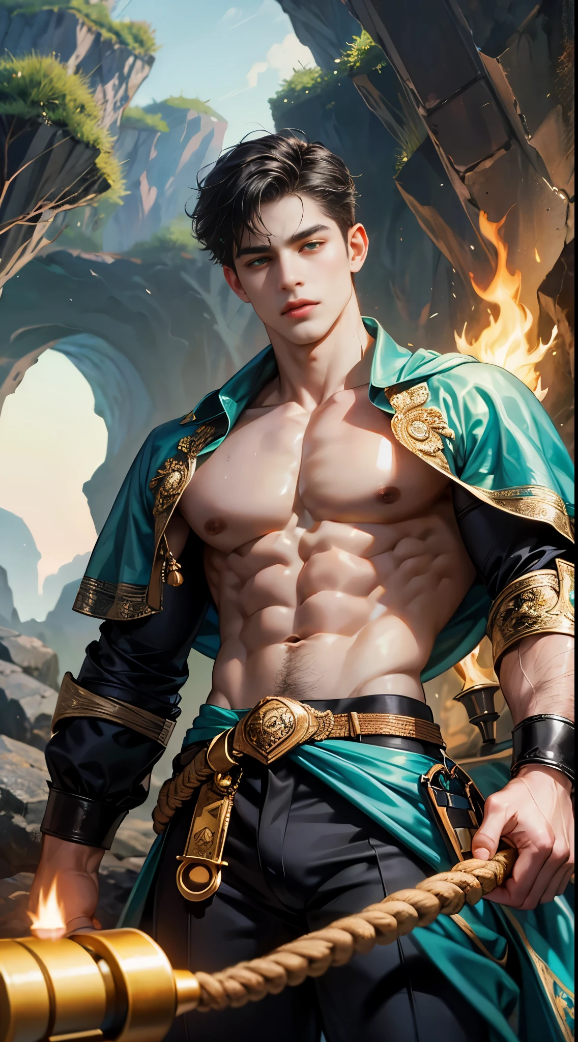 (absurderes, A high resolution, Ultra detailed, hdr), Masterpiece, Best quality, Portrait of a boy, Handsome boy with green eyes, Detailed face, Professional photo, The Alafed man is shirtless, legs are open,Lie comfortably， (puffynipple(From below:1.1)), Focus on your audience,35 year old boy, Handsome boy, [ Firmly defined body ]，Abs，chest muscle，large bulge，Rock caves，torches，Wrap a rope around the upper body，black hair,
