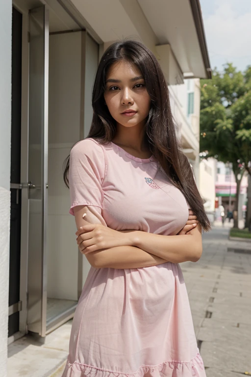 malay girl with fair skin, straight hair, black hair, brunette, beautiful young girl, with cute - fine - face, cute young woman, cute beautiful, girl next door innocent look, cute young girl, large breast, short sleeve , short arm sleeve, araffe woman in a pink dress posing for a picture