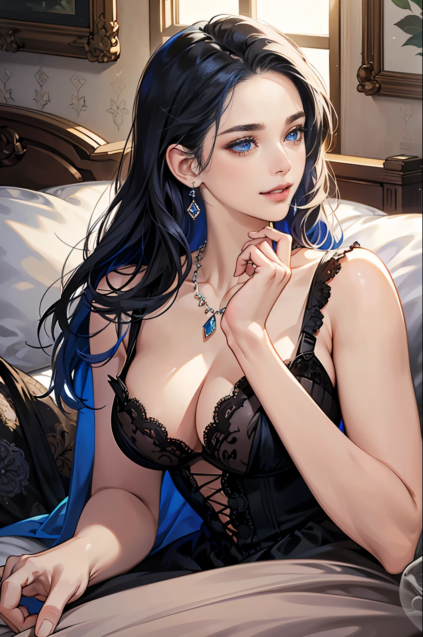 masterpiece, best quality, realistic, 1woman, smile and charming young woman, 25 year old, happy look, portrait, extremely detailed face, blue eyes color, (( wolfcut hair)), [thick eyebrow] Beautiful, full body, western, Jewish, smile face, red lips, black hair color, jewelry, Necklace, big boobs, finger in lips, masterpiece, best quality, realistic, one mature female, extremely detailed face, ((blue eyes)), slender, Extremely delicate and elegant face, Sexy and feminine, cinematic lighting, no makeup, Victorian era, ((playful face)) smirk, lust, hot, (whole portrait), kneeling, Lying around on the bedroom. Sexy pose, black lingerie,