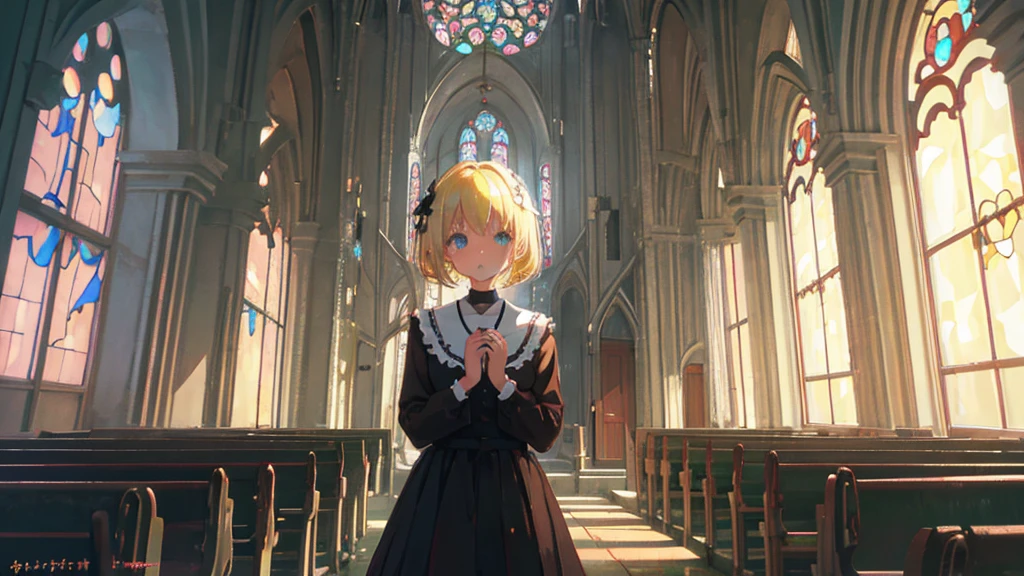 (1 girl, sister, blonde hair, kawaii), (abandoned church, stained glass)
