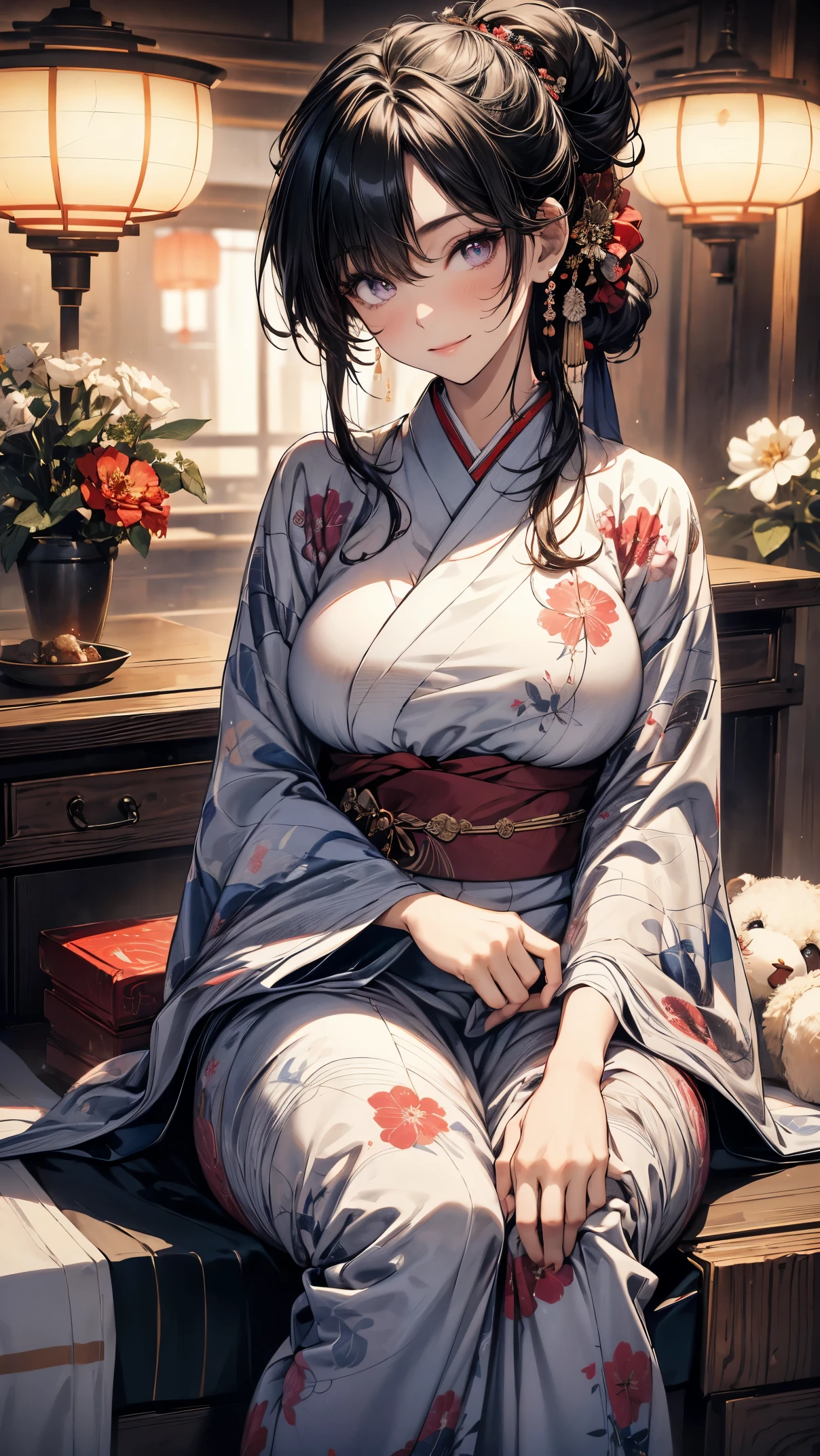 (Masterpiece, best quality), (ultra high resolution, 8K RAW photo, photo realistics:1.5, textile shading, pale tones, thin outline), Sexy woman in a kimono, sitting with hugging a teddy bear, (wearing light purple hanfu:1.2), (wearing japanese kimono:1.2, traditional japanese, japanese clothes), (classy yukata clothing, flowers printing in clothes), wearing a haori, (matured woman, milf:1.5, 28 years old, solo), (large breast, sagging breast, big tits, narrow waist, big ass, curvy bodies), (medium hair, hair over one eye, asymmetric hair, half updo hair), (bright pupils, detailed eyes, high detailed face, half closing eyes), eye rush, (smiling, shamed), (looking at viewers:1.3), (dynamic angle, from little above:0.7), (correct anatomy:1.5, correct hands), (ideal ratio of body proportions),