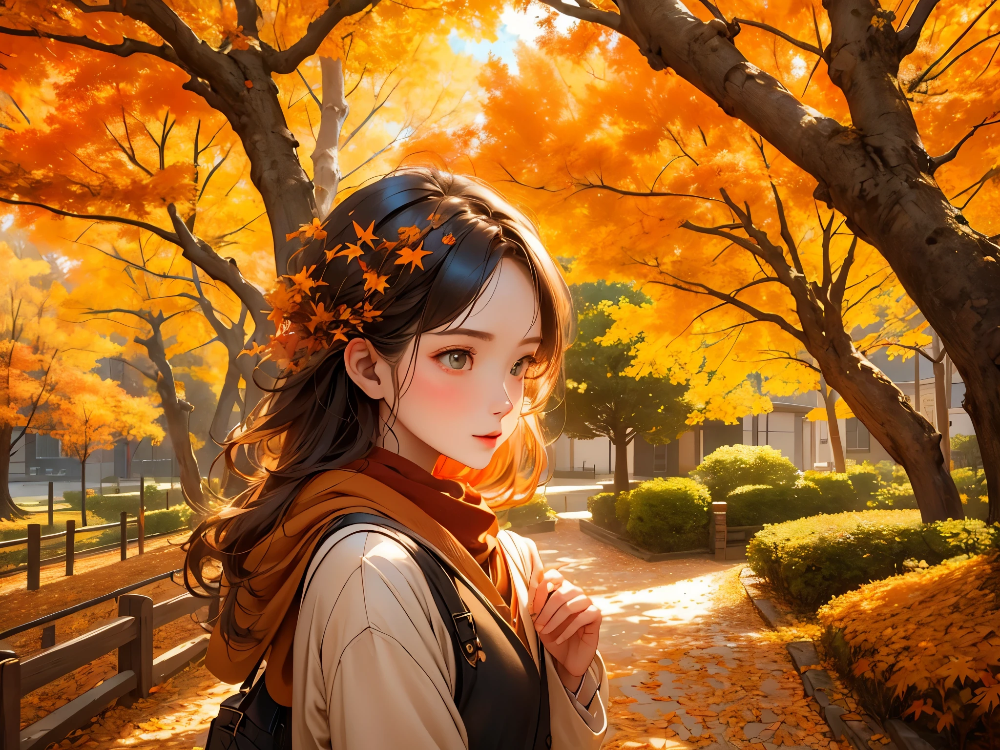 A girl picks up fallen leaves from the ground and sends them flying in the air. The scene takes place in autumn, with the streets filled with fallen leaves and lined with trees. The girl has beautiful detailed eyes, beautiful detailed lips, and a face that is extremely detailed. She is wearing a warm and cozy sweater, enjoying the crisp autumn air. The sunlight gently filters through the colorful leaves, creating a warm and inviting atmosphere. The leaves are in various shades of orange, red, and yellow, creating a vibrant and lively scene. The surrounding buildings and streets are adorned with seasonal decorations, adding to the festive feel. The atmosphere is realistic and photorealistic, with high resolution and ultra-detailed rendering. The overall color tone is warm and earthy, with a touch of golden light that enhances the autumn ambiance. The lighting is soft and diffused, casting gentle shadows on the ground. The scene is a masterpiece of autumn beauty, capturing the essence of the season and creating a sense of tranquility and joy. The image quality is of the best quality, with 4K or 8K resolution, and the details are exquisitely rendered. The prompt is filled with the magic of autumn, evoking a sense of wonder and nostalgia.