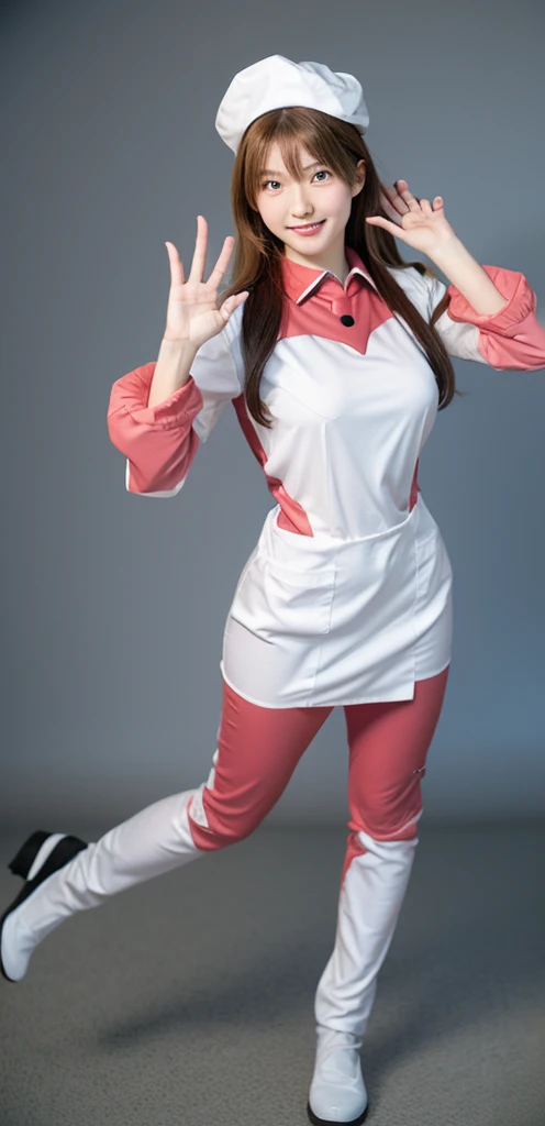 Pose to take a photo, Realistic, highly detailed, Full body, Whole body, One girl, Hires, Road to change, A Japanese female nurse wearing a nurse cap transforms into Soryu Asuka Langley, (Cute girl face: 1.4), The white collared nurse uniform smoothly transforms into a plugsuit, the skirt smoothly transforms into a plugsuit,