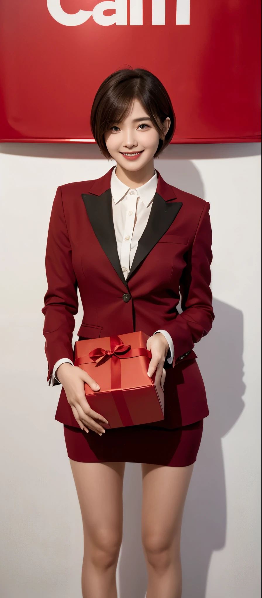 gentle and cute,A girl holding a big red gift box,Short hair details,Smile,front,Suit,bust,Standing posture,Photography,high quality,