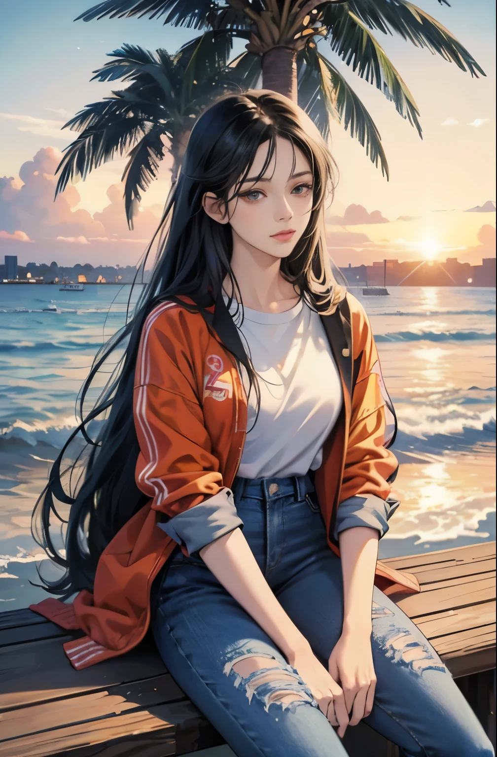 very colorful, orange and indigo tones, summer image, Palm tree, seaside, anime woman with long black hair, Around 25 years old, wearing a jacket, blue jeans, perfect tall model body, cool beauty, That will happen, Anime drawing by Yang J, Trending at Art Station, realism, extremely detailed germ of art, Realistic anime 3D style, anime style 4 k, up to the model | germ of art, anime style. 8k, casual clothes, realistic anime art style, style germ of art, highest quality, perfect angle, perfect composition, best shot, official art,CD jacket, 80s city pop, very stylish