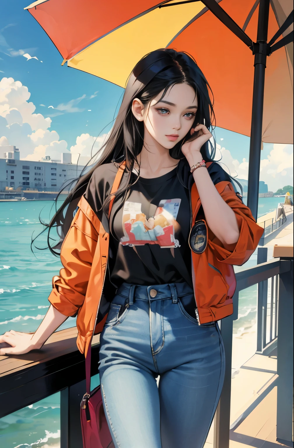 very colorful, orange and indigo tones, summer image, Palm tree, seaside, anime woman with long black hair, Around 25 years old, wearing a jacket, blue jeans, perfect tall model body, cool beauty, That will happen, Anime drawing by Yang J, Trending at Art Station, realism, extremely detailed germ of art, Realistic anime 3D style, anime style 4 k, up to the model | germ of art, anime style. 8k, casual clothes, realistic anime art style, style germ of art, highest quality, perfect angle, perfect composition, best shot, official art，CD jacket, 80s city pop, very stylish